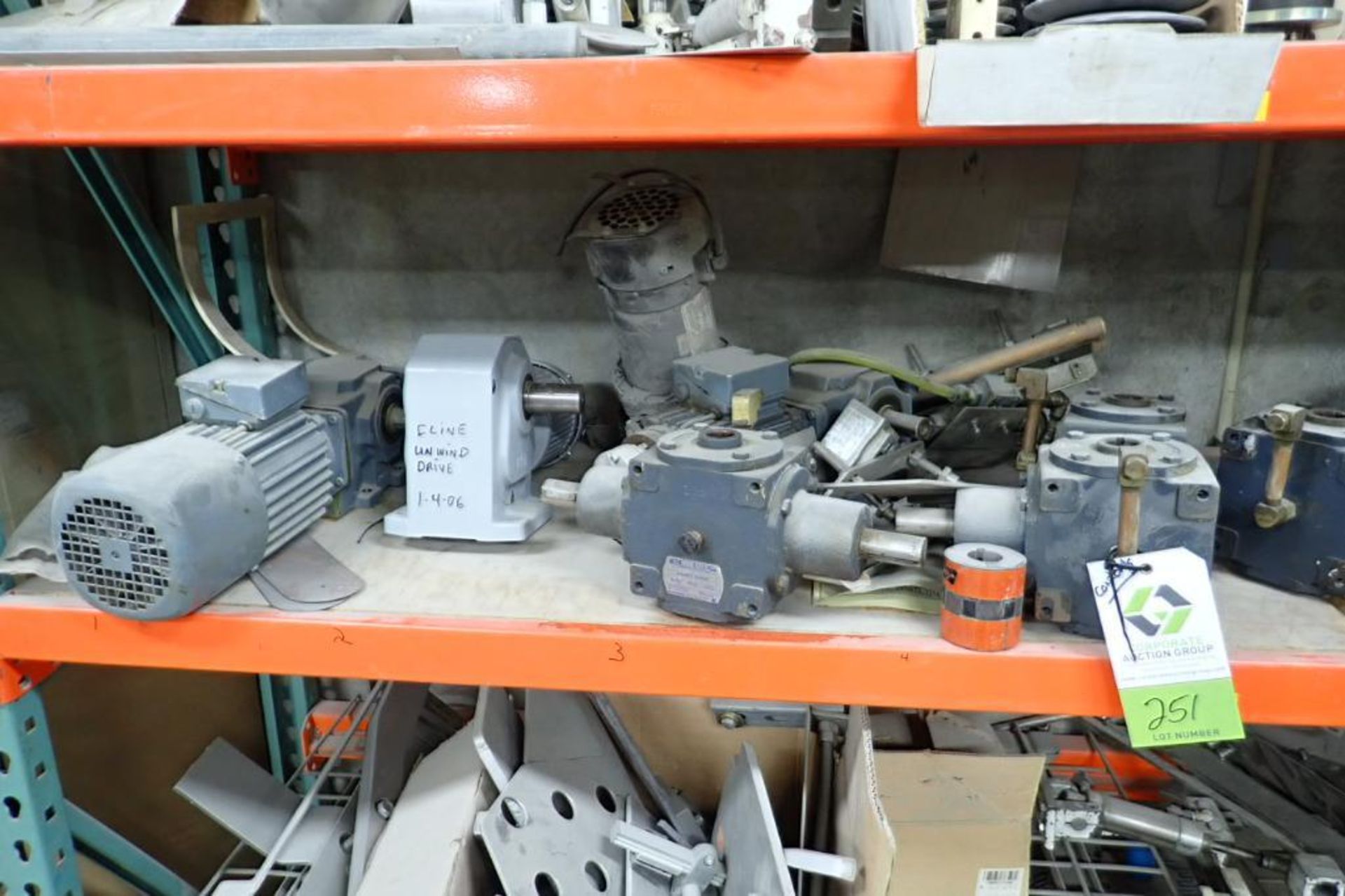 Contents of 8 ft. of shelves, motors, speed reducers, gearboxes, conveyor belts. **Rigging Fee: $275 - Image 6 of 11