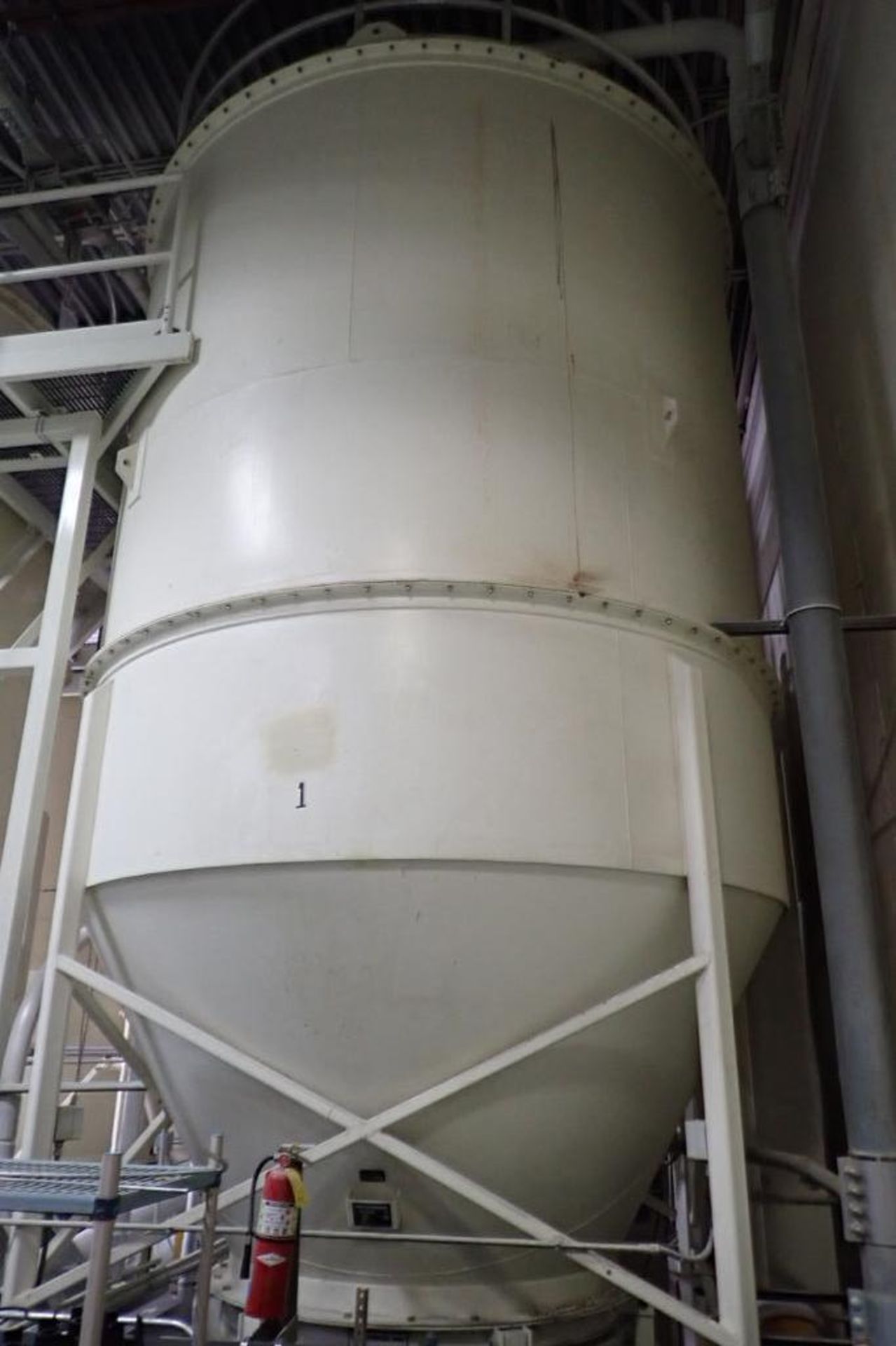 1999 Imperial Industries mild steel flour use bin, 12 ft. dia. X 27 ft. tall, 36 lbs./ cu ft. max de
