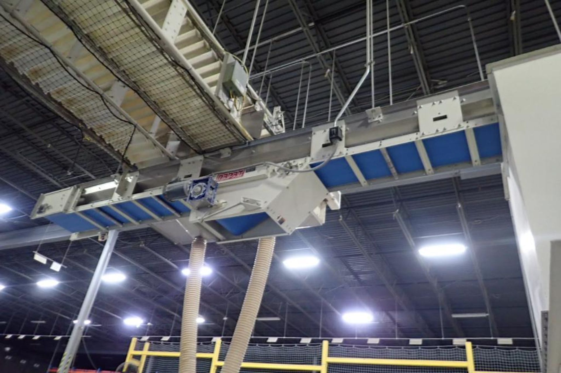Rapat infeed conveyor, 20 ft. long x 24 in. wide, blue belt, motor and drive, suspended from ceiling