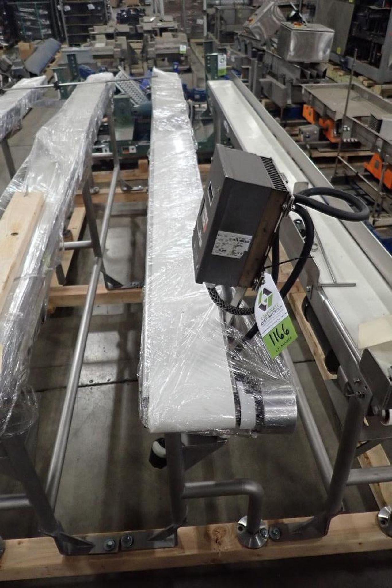 Kofab belt conveyor, 125 in. long x 6 in. wide x 32 in. tall, SS frame, motor and drive, speed contr