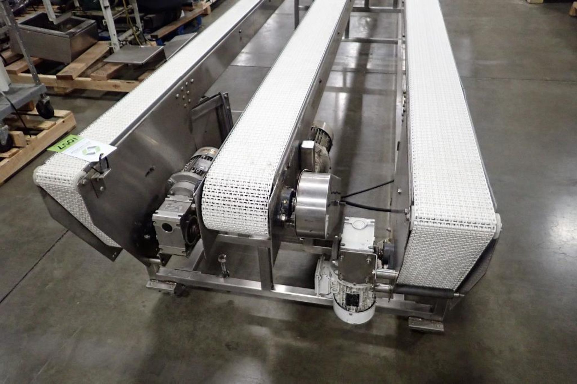 PCS 3 lane SS conveyor, (2) 6 in. wide belts ,(1) 4 in. wide belt, 22 ft. long x 34 in. tall, SS fra - Image 3 of 7