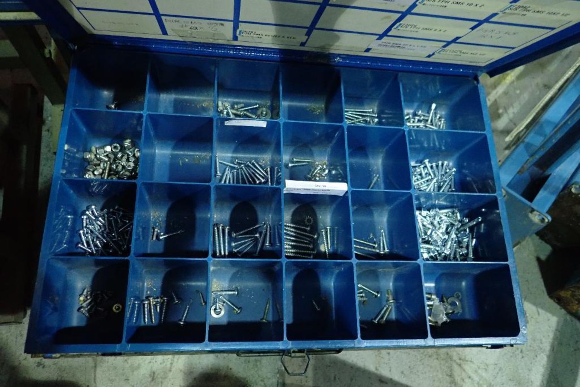 Assorted bolt bins and contents, pneumatic fittings, screws, bolts, nuts, roll pins, snap rings, o-r - Image 24 of 31