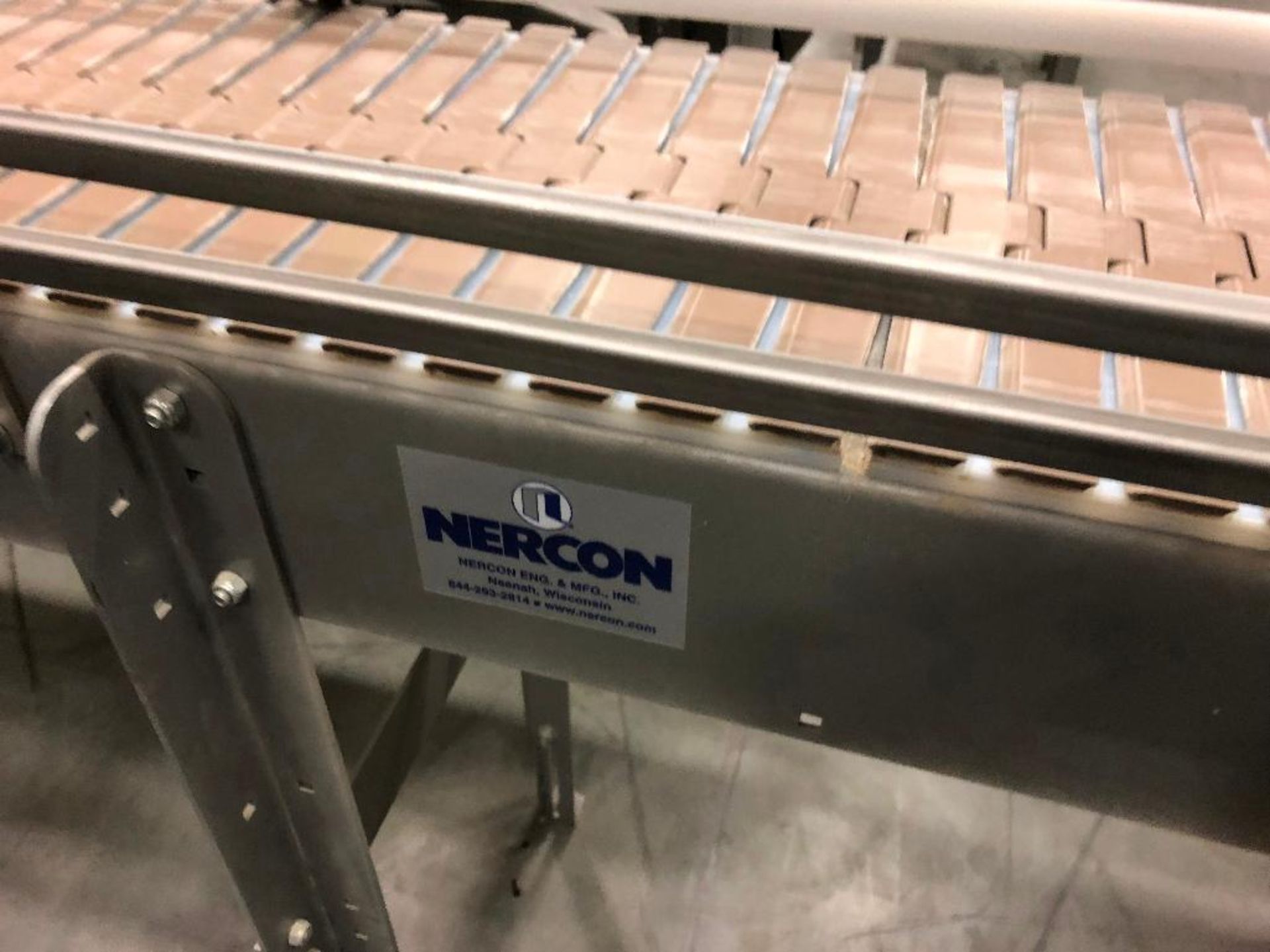 SS Nercon conveyor, 30 ft. x 12 in. wide plastic table top chain belt, 180 degree turn, motor and dr - Image 4 of 5