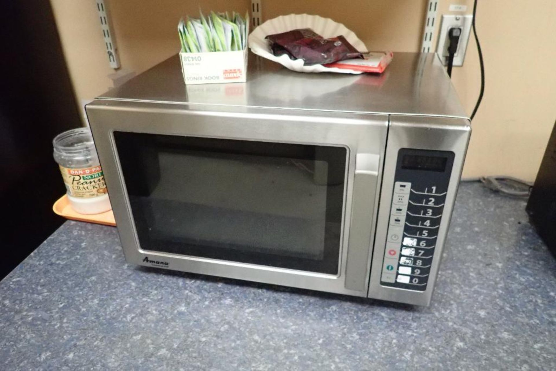 Contents of break room, folding tables, Frigidaire fridge/freezer, microwave, toaster, coffee maker. - Image 5 of 7