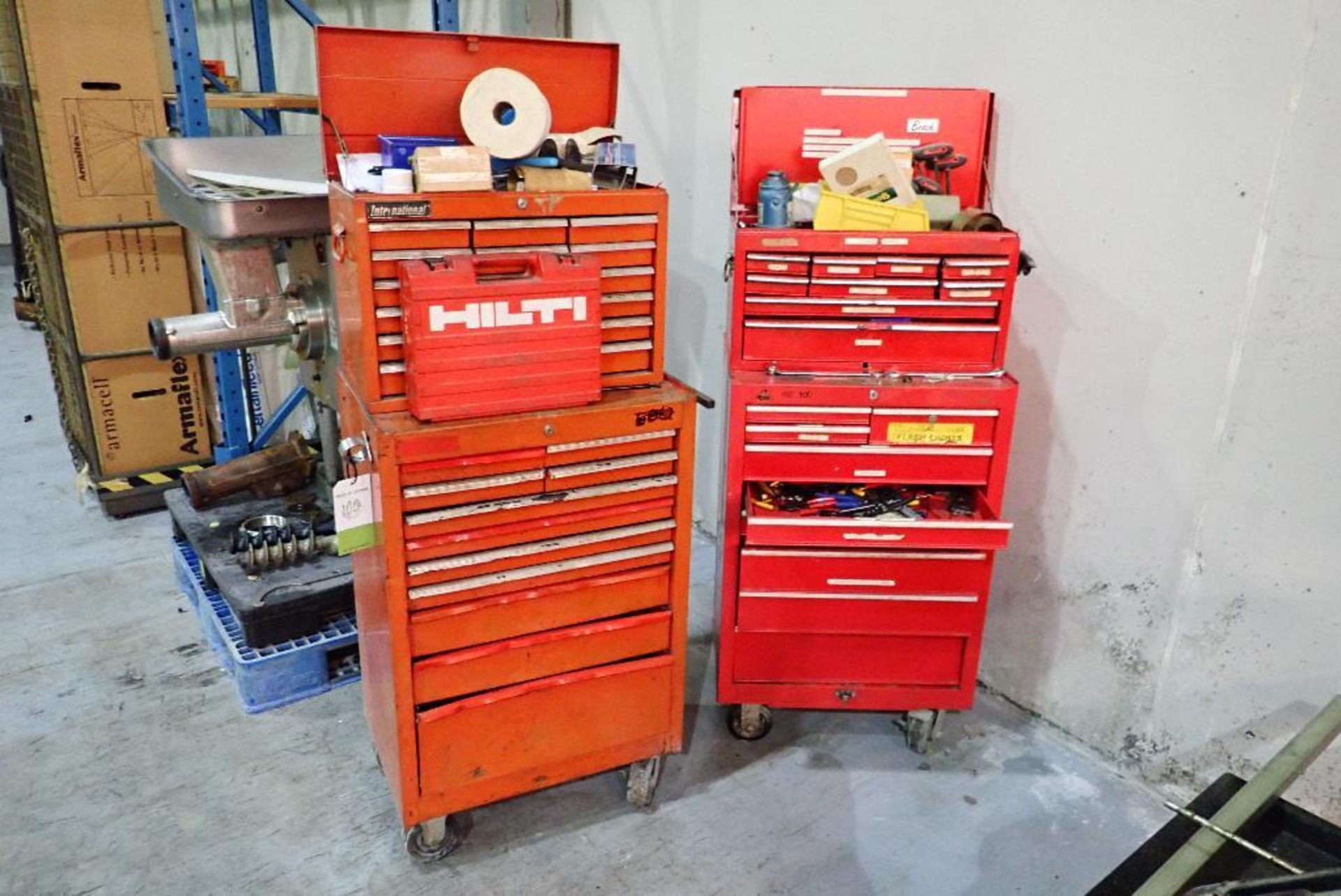 (2) tool chests with contents, wrenches, sockets, drill bits screw drivers, air tools, hammers, plie