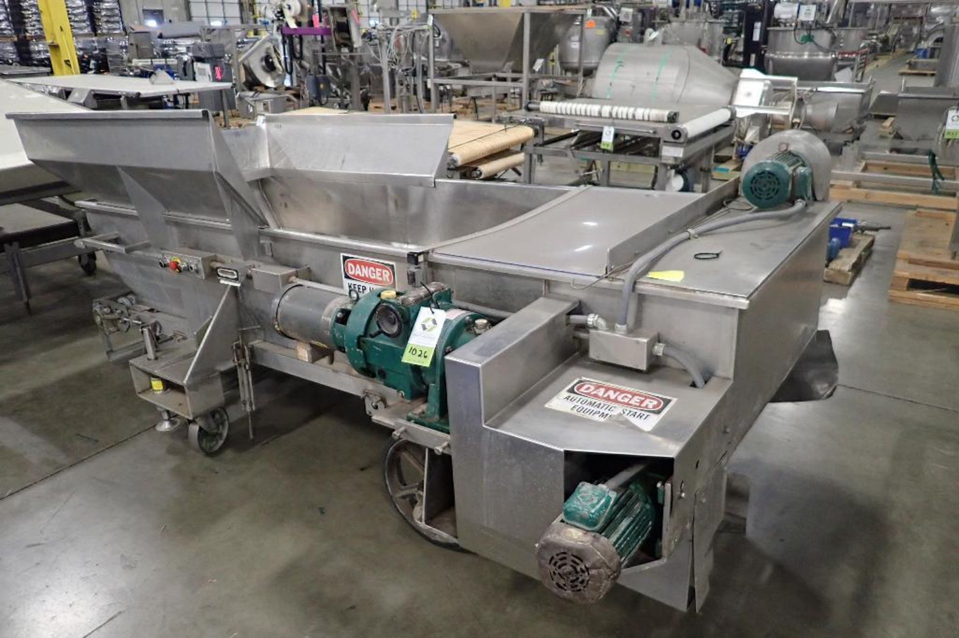 SS dough feeding conveyor, 108 in. long x 40 in. wide x 20 in. deep, missing belt, lump buster, moto