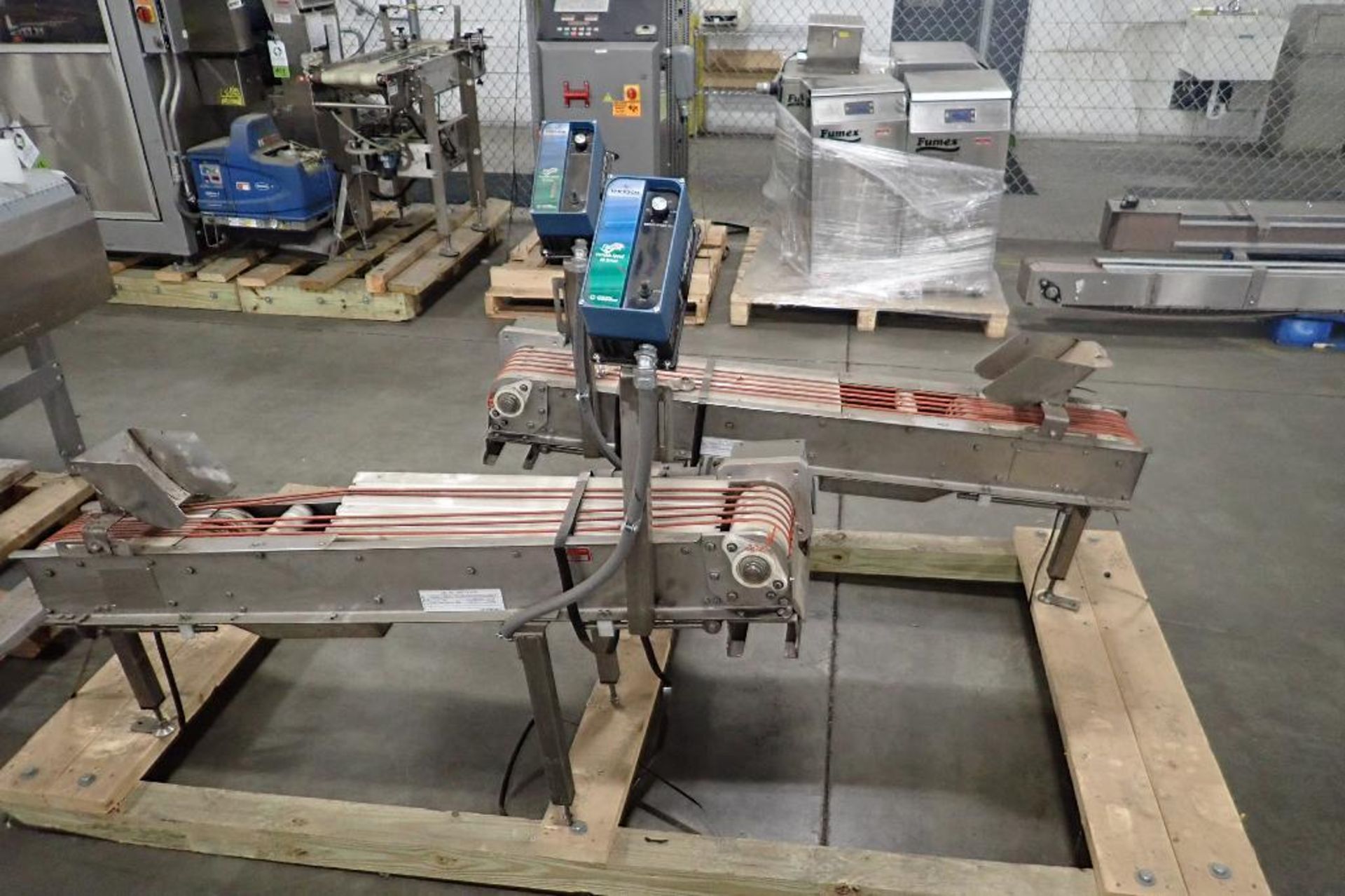 (2) incline band conveyors, 56 in. long x 6 in. wide x 19 in. infeed x 27 in. discharge, SS frame, m