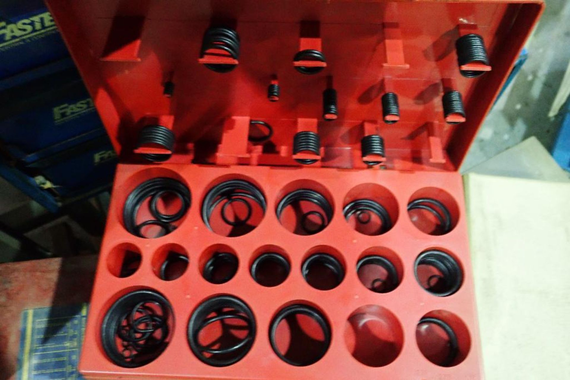 Assorted bolt bins and contents, pneumatic fittings, screws, bolts, nuts, roll pins, snap rings, o-r - Image 12 of 31