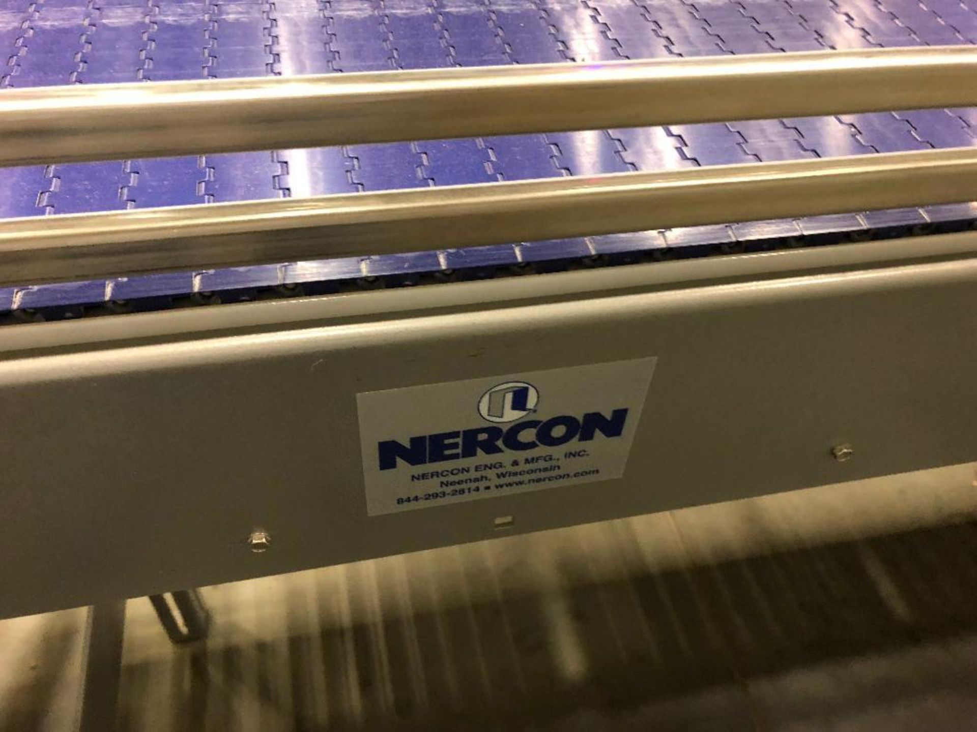 Nercon SS conveyor, 17 ft. x 12 in, blue plastic chain belt, motor and drive. **Rigging Fee: $200 ** - Image 2 of 4