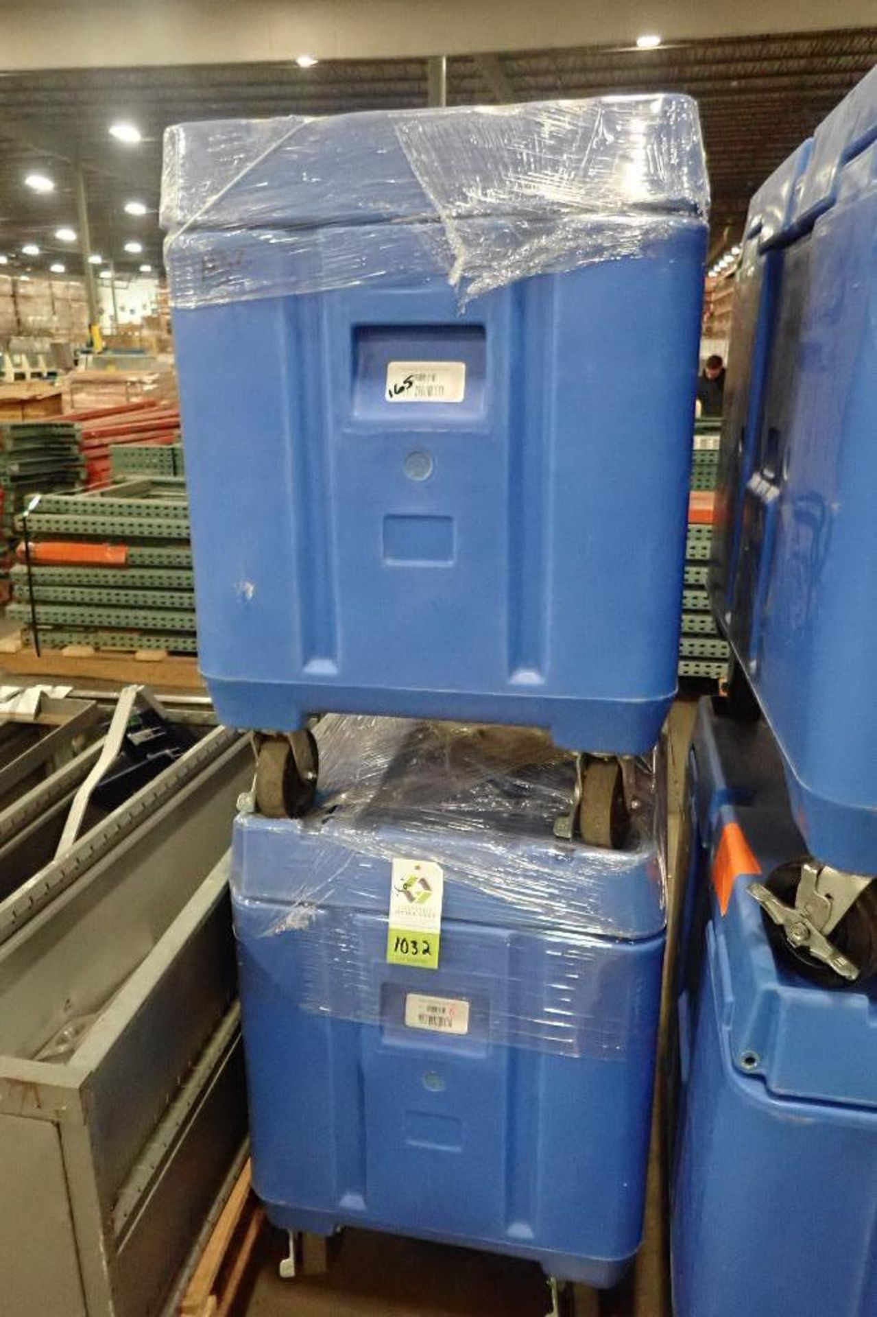 Bonar plastics insulated dry ice bins, 40 in. long x 27 in. wide x 24 in. deep, on wheels (EACH). **