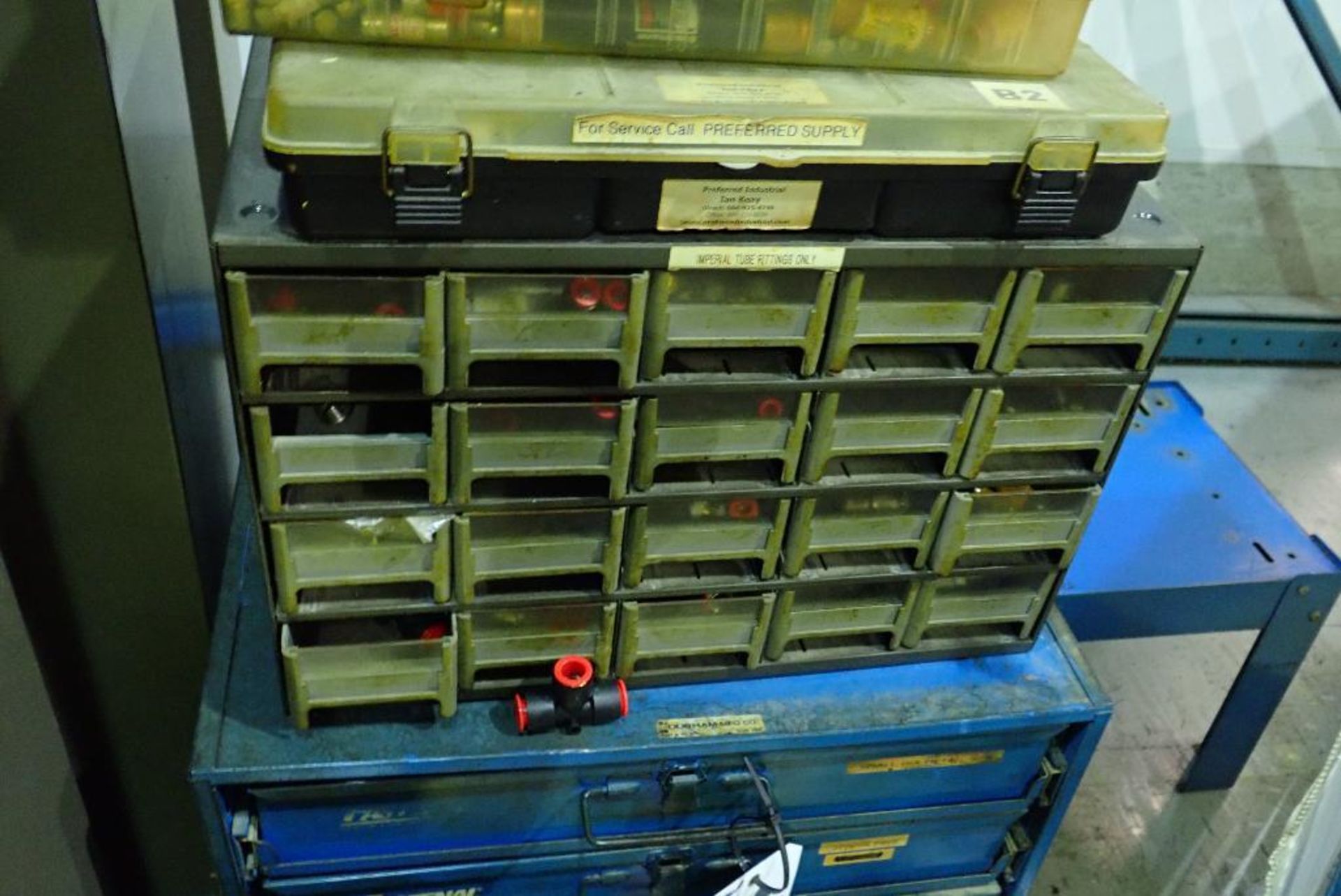 Assorted bolt bins and contents, pneumatic fittings, screws, bolts, nuts, roll pins, snap rings, o-r - Image 3 of 31