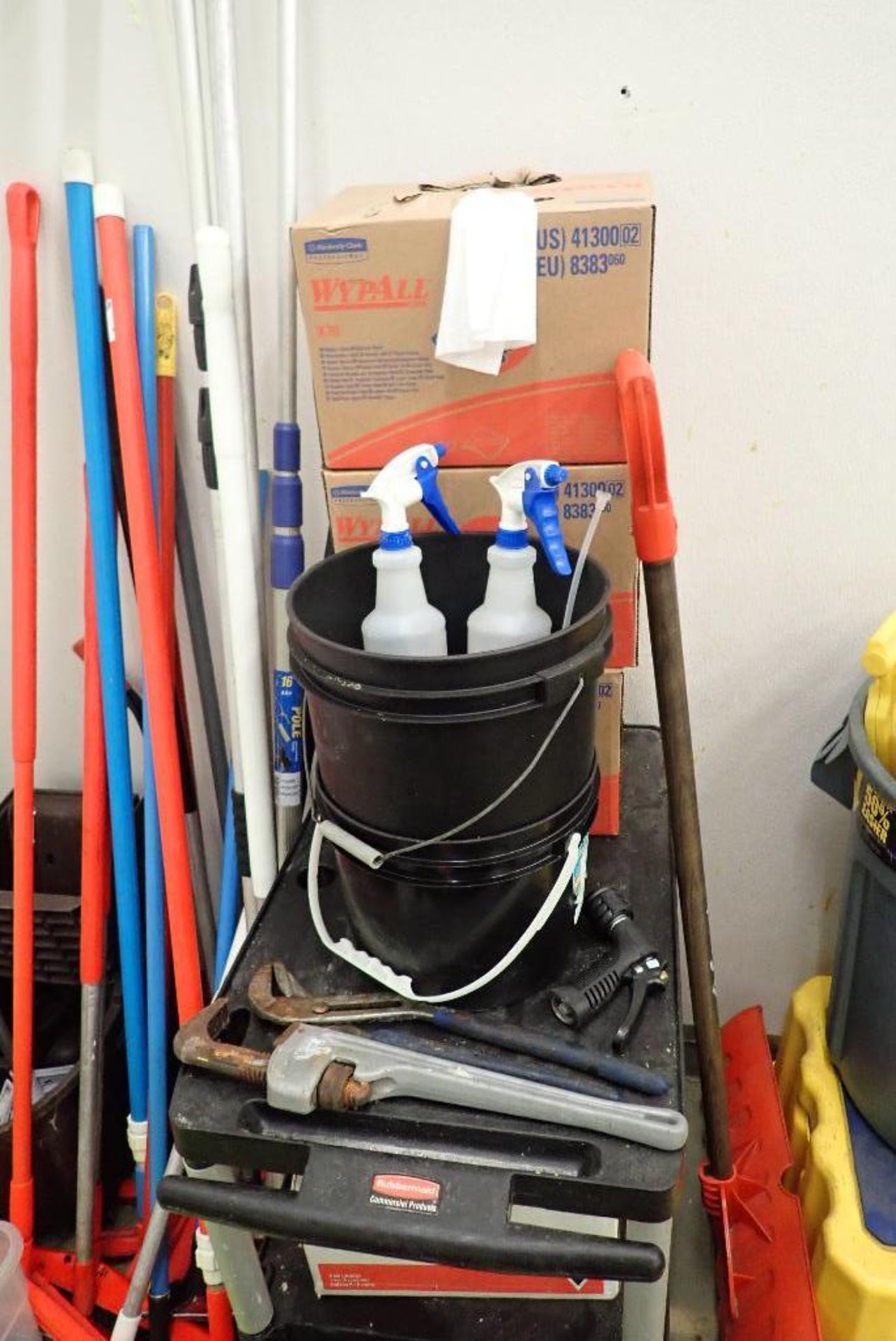 Lot of assorted sanitation supplies, brushes, brooms, mops, signs, safety cones. **Rigging Fee: $50* - Image 5 of 5