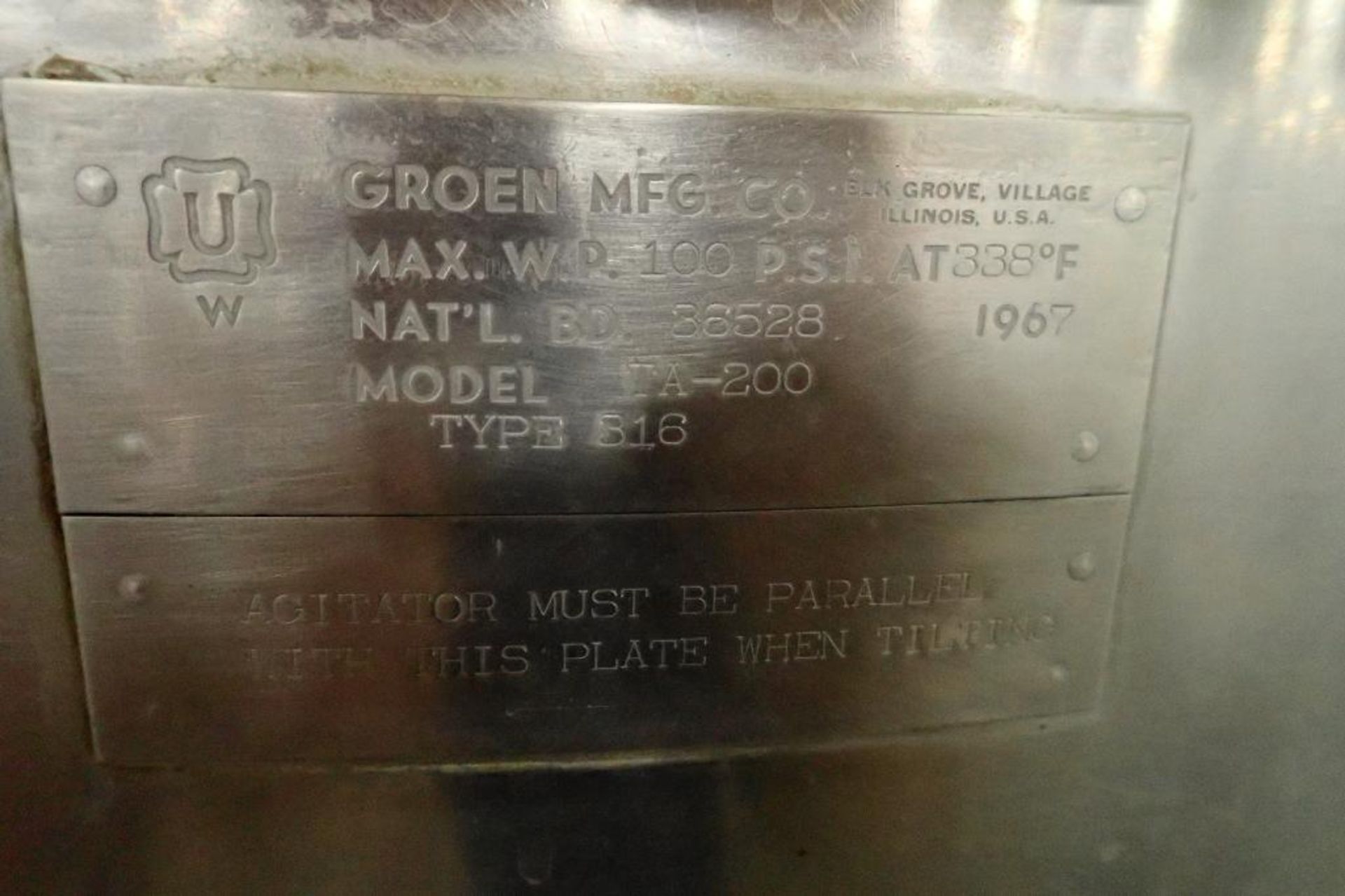 1967 Groen SS 200 gallon jacketed kettle, Model TA-200, 316 SS, 100 psi @ 338F, half jacket, 42 in. - Image 9 of 12