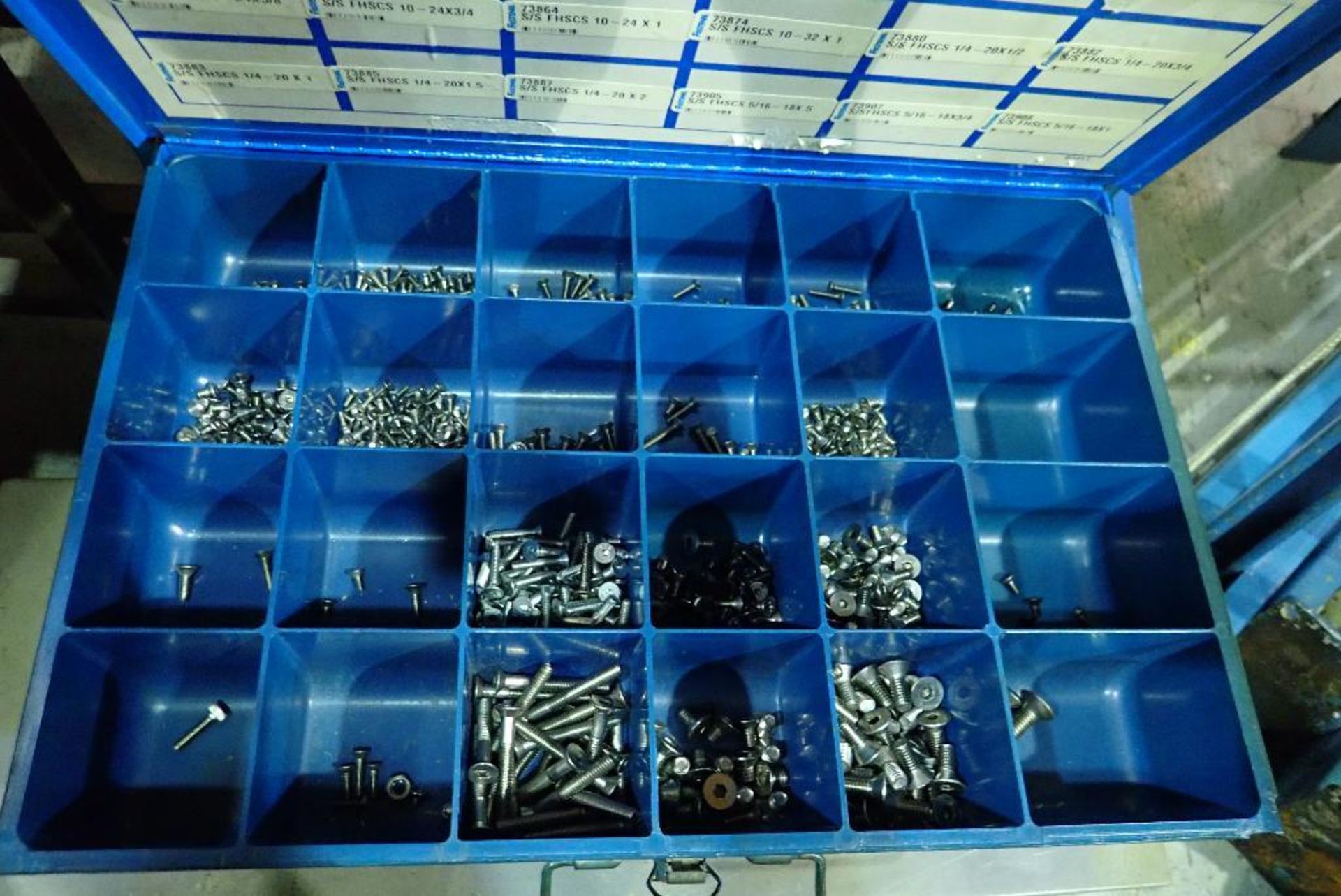 Assorted bolt bins and contents, pneumatic fittings, screws, bolts, nuts, roll pins, snap rings, o-r - Image 18 of 31