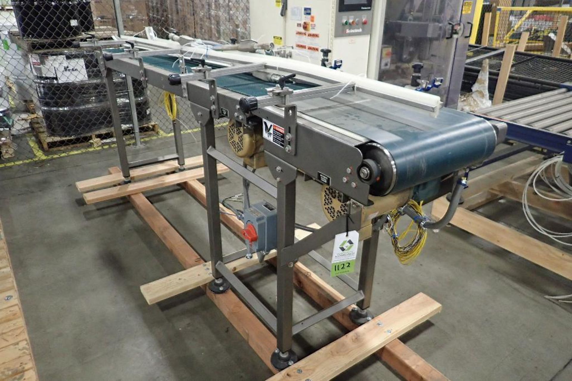 Belt conveyor, 116 in. long x 18 in. wide x 45 in. tall, mild steel frame, (2) motors and drives. **