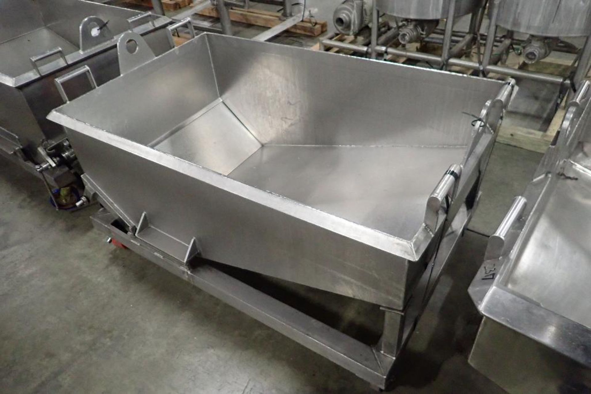 SS dough trough, 60 in. long x 30 in. wide x 25 in. deep, slant bottom, slide gate discharge, SS fra