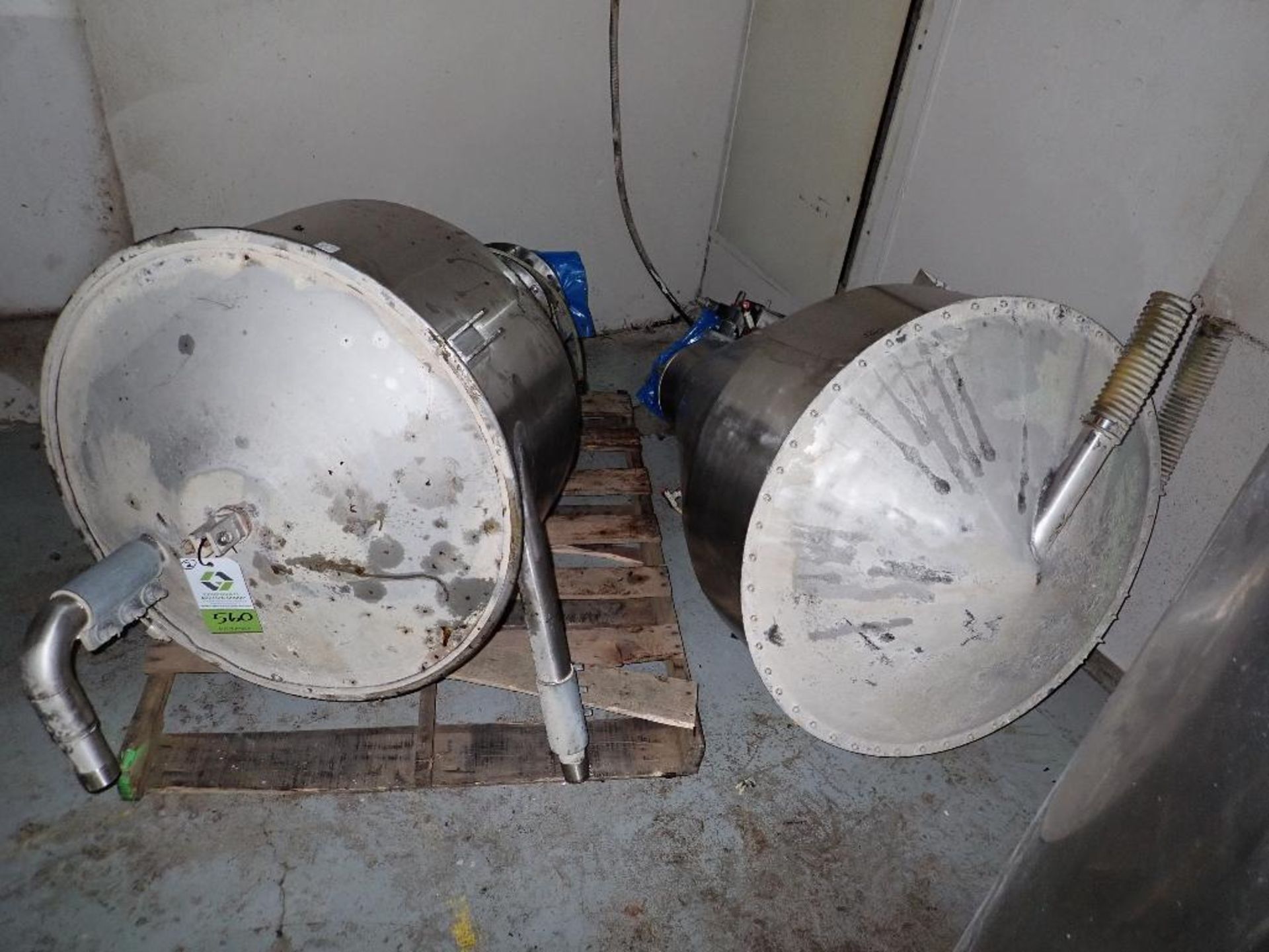 (2) SS flour hoppers with pneumatic valves. 34 in. dia. X 16 in. straight side x 24 in. cone. 34 in. - Image 7 of 7