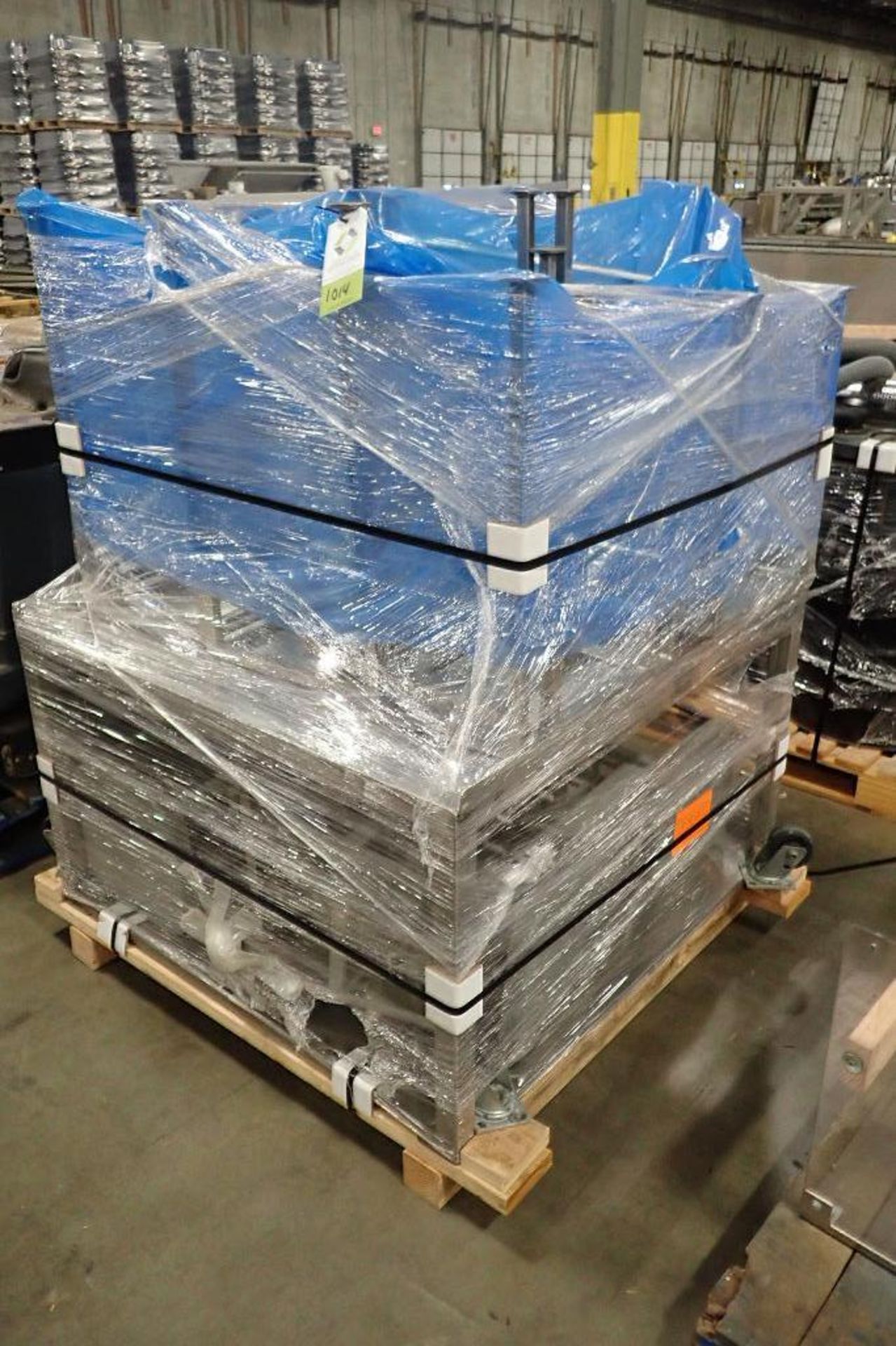 Pallet of assorted SS tables, various sizes, (1) 48 in. x 48 in. x 33 in. tall, stools (LOT). **Rigg