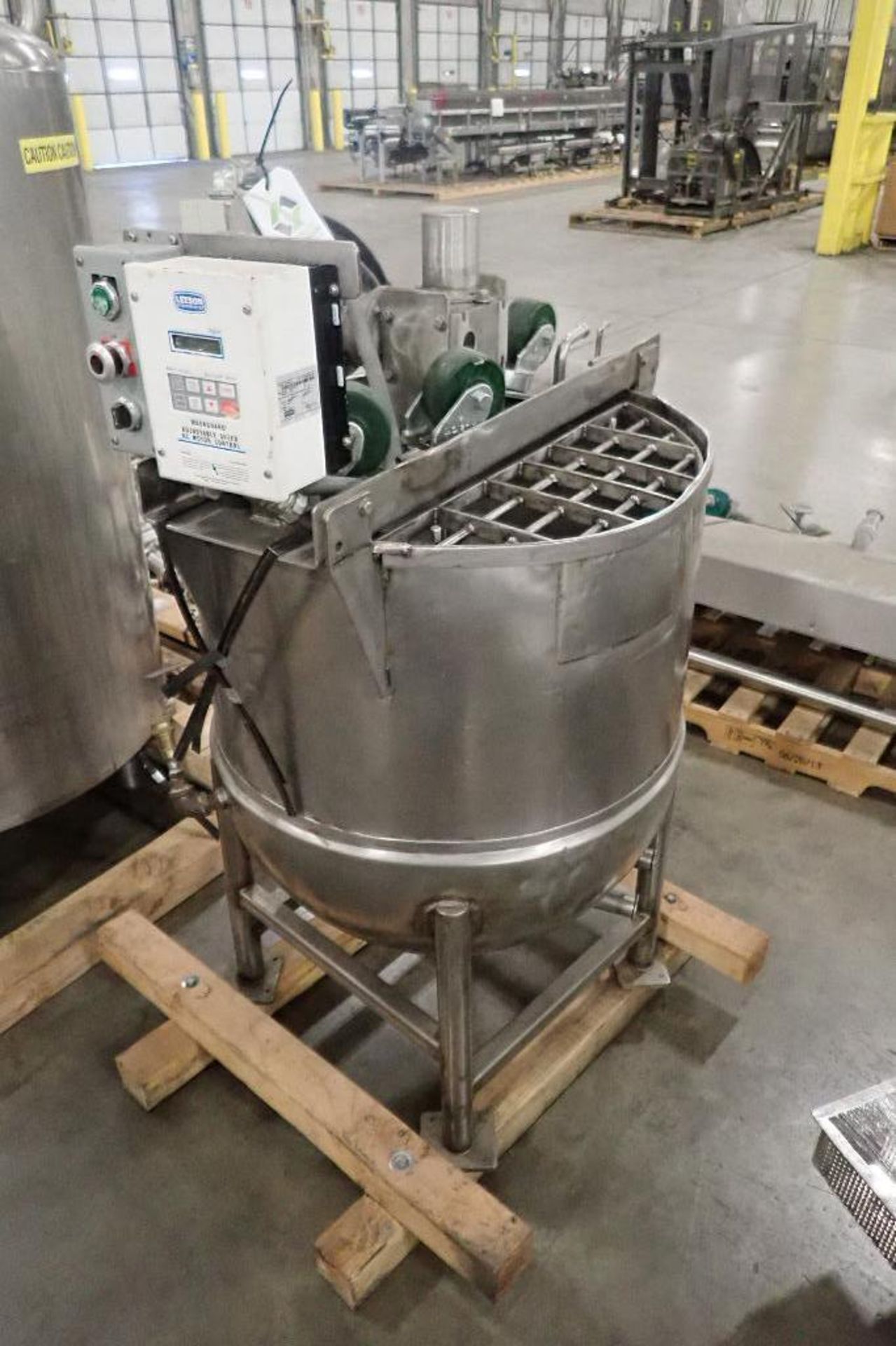 1961 Groen 80 gal jacketed kettle, SN65565-15, 40 psi and 300F, 1/2 jacket, top agitation, Leeson ac