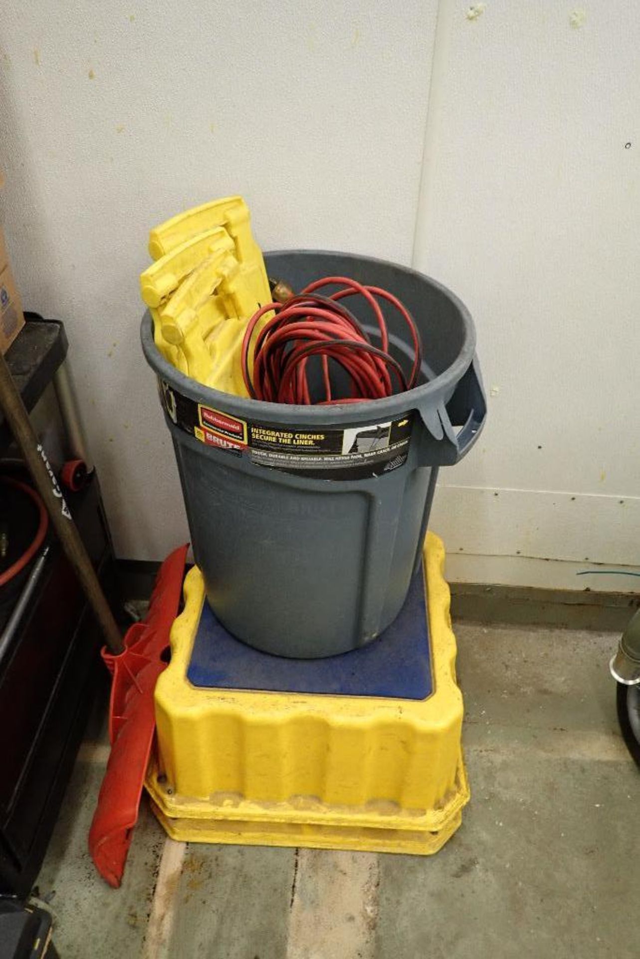 Lot of assorted sanitation supplies, brushes, brooms, mops, signs, safety cones. **Rigging Fee: $50* - Image 2 of 5