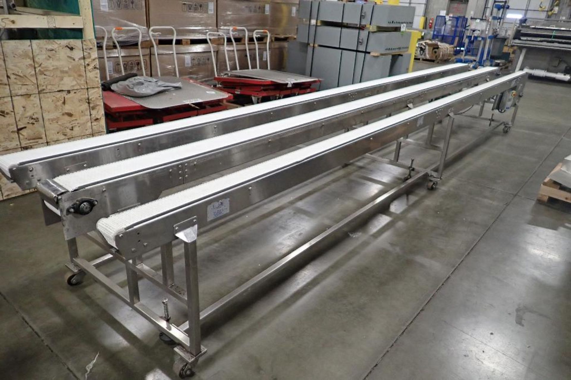 PCS 3 lane SS conveyor, (2) 6 in. wide belts ,(1) 4 in. wide belt, 22 ft. long x 34 in. tall, SS fra - Image 4 of 7