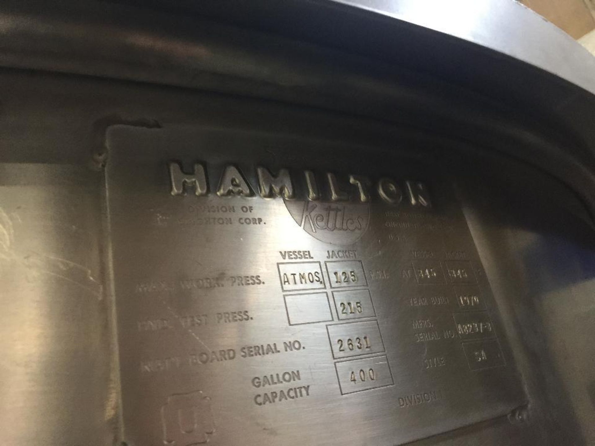 1970 Hamilton SS half jacket kettle, 400 gal, style SA, SN A8237-3, 125 psi @ 345F, 64 in. dia x 42 - Image 9 of 13