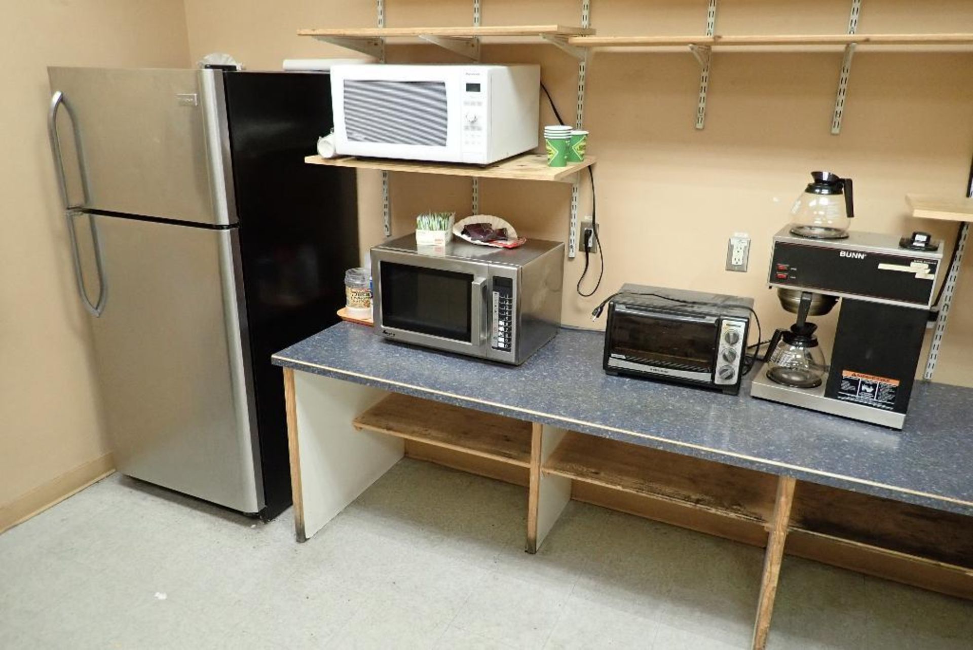 Contents of break room, folding tables, Frigidaire fridge/freezer, microwave, toaster, coffee maker. - Image 3 of 7