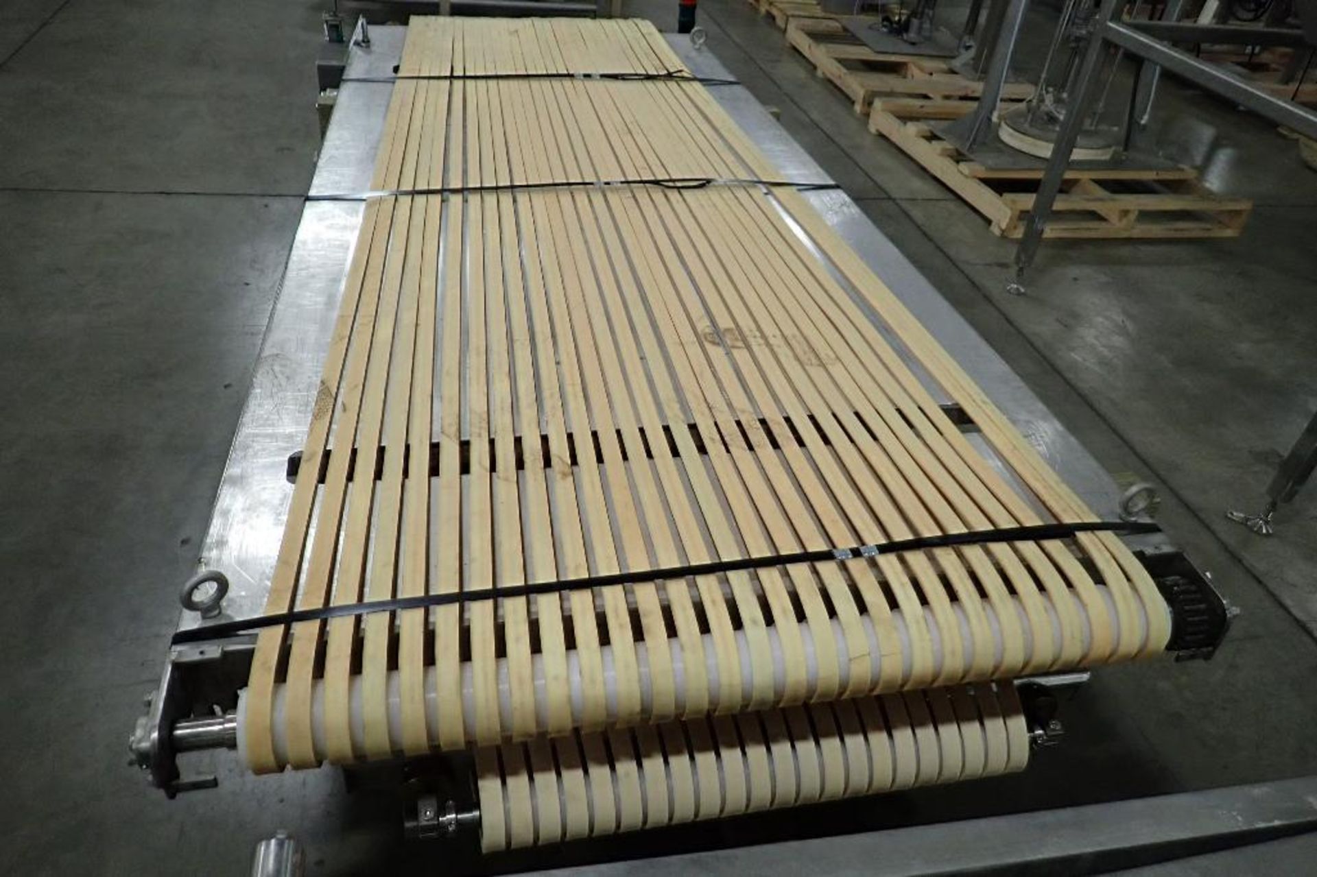 (2) spreader belt conveyor tops, 22 row and 28 row, 1 1/4 in. wide belts, SS frames. **Rigging Fee: - Image 2 of 4