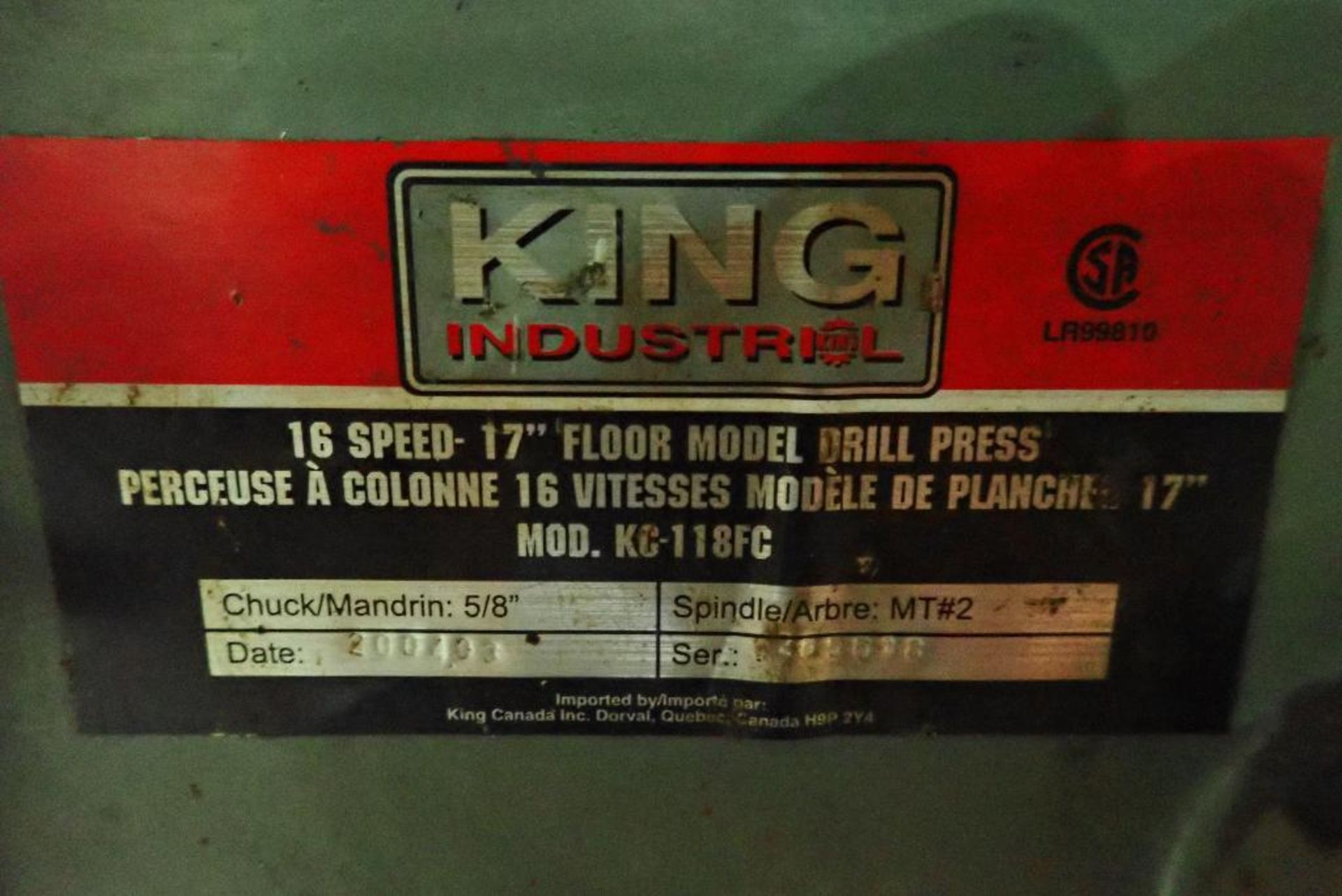 2007 King industrial drill press, 17 in., with vise, Model KC-118FC, 16 speed, 5/8 in. chuck. **Rigg - Image 7 of 7