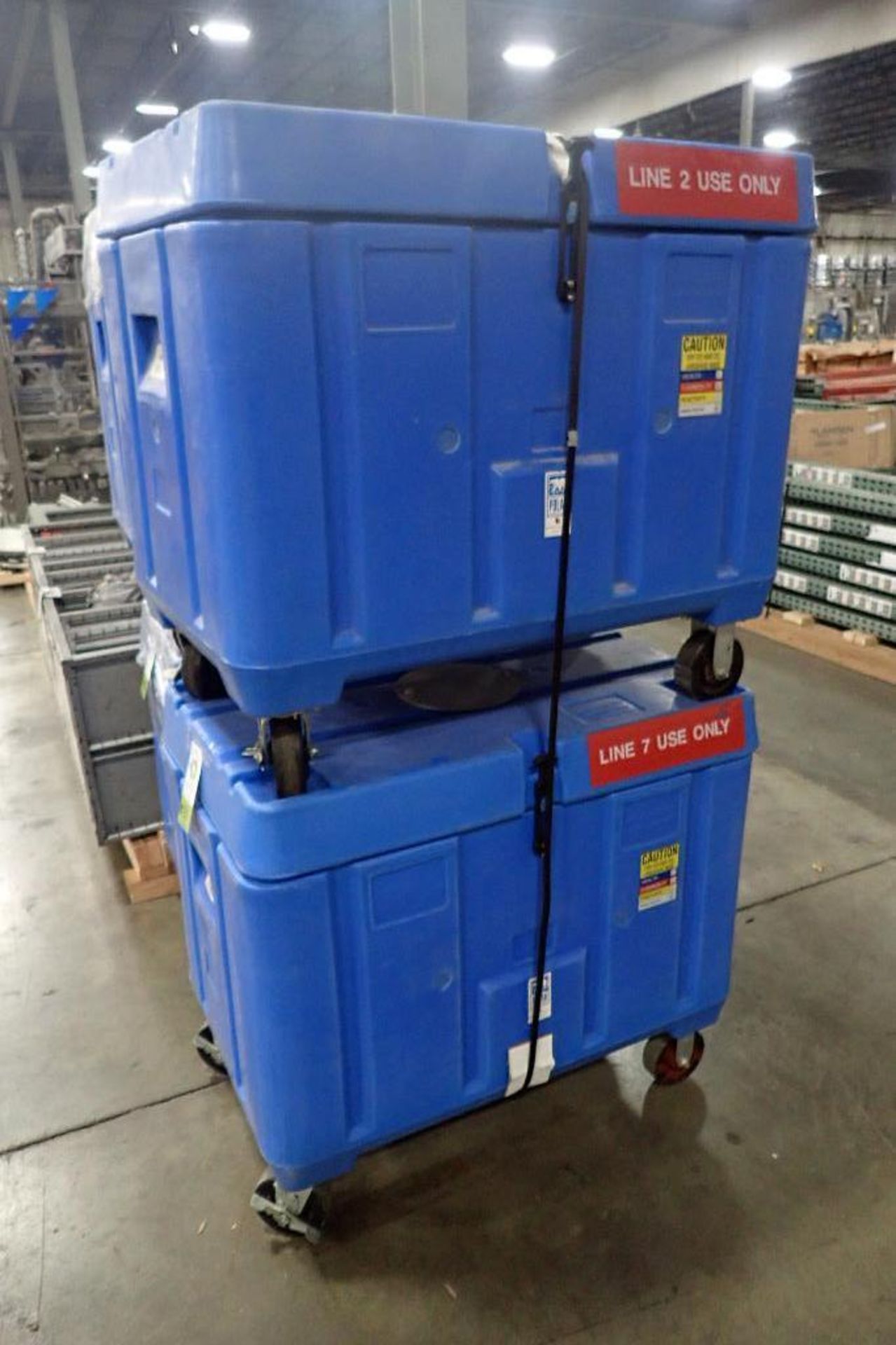 Bonar plastics insulated dry ice bins, 40 in. long x 27 in. wide x 24 in. deep, on wheels (EACH). **