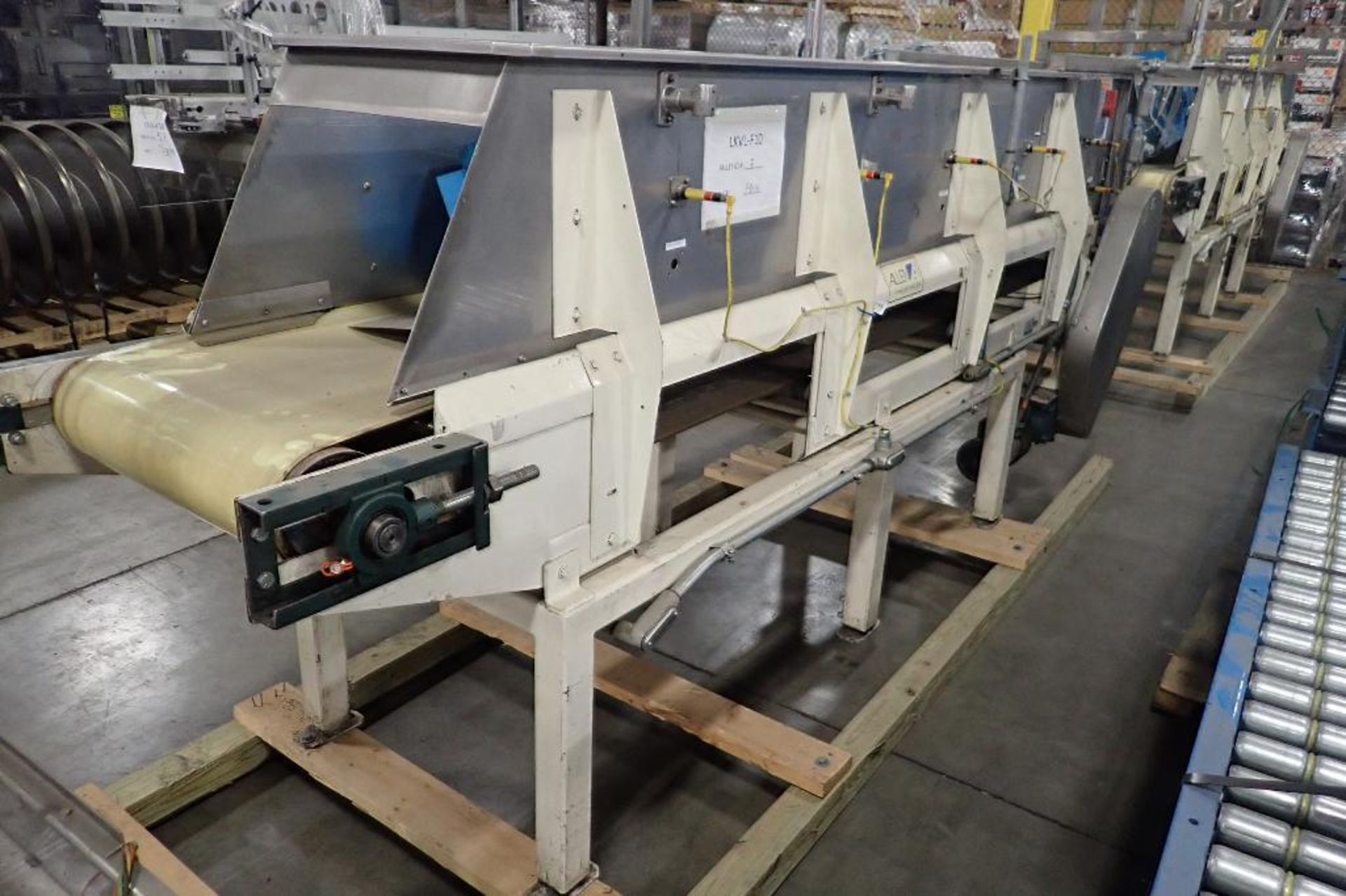 Allen belt conveyor, 150 in. long x 24 in. wide x 40 in. tall, mild steel frame, motor and drive. ** - Image 8 of 9