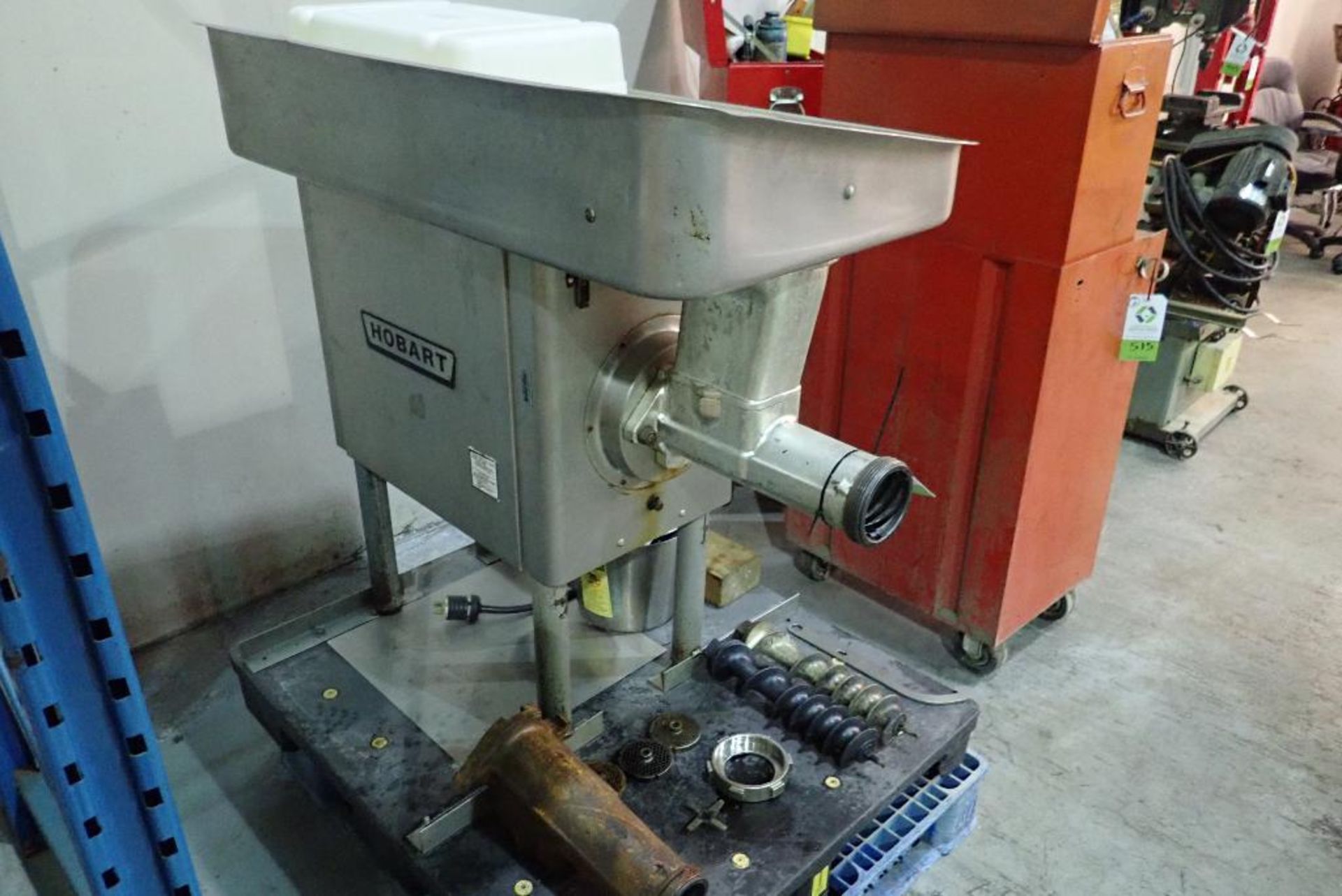 Hobart grinder, Model 4146, SN 11-343-098, 3 ph., SS top, 47 in. long x 24 in. wide, augers, blades,