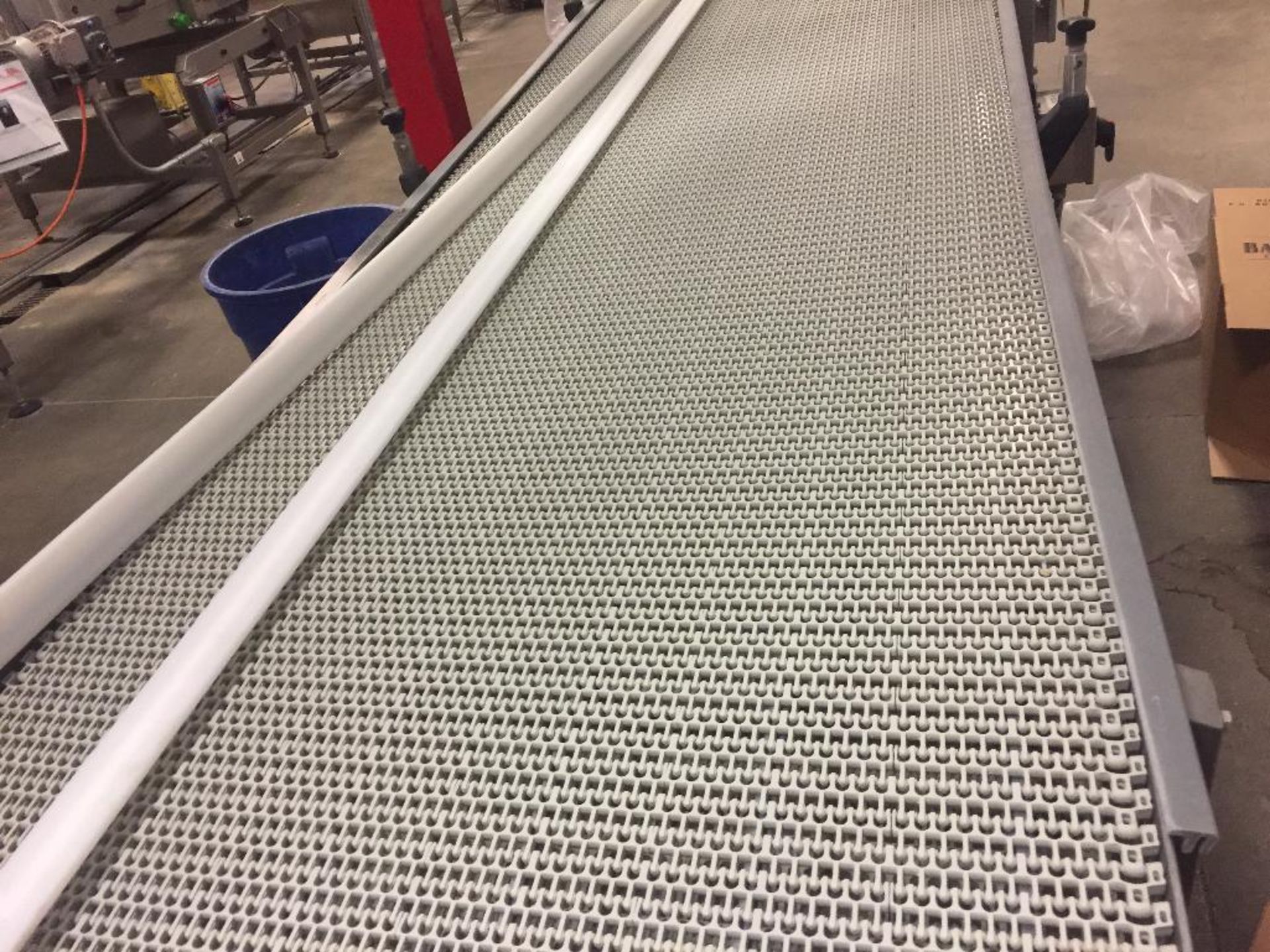 SS conveyor, 120 in. x 36 in., white plastic chain, motor and drive.. **Rigging Fee: $150** (Located - Image 2 of 4