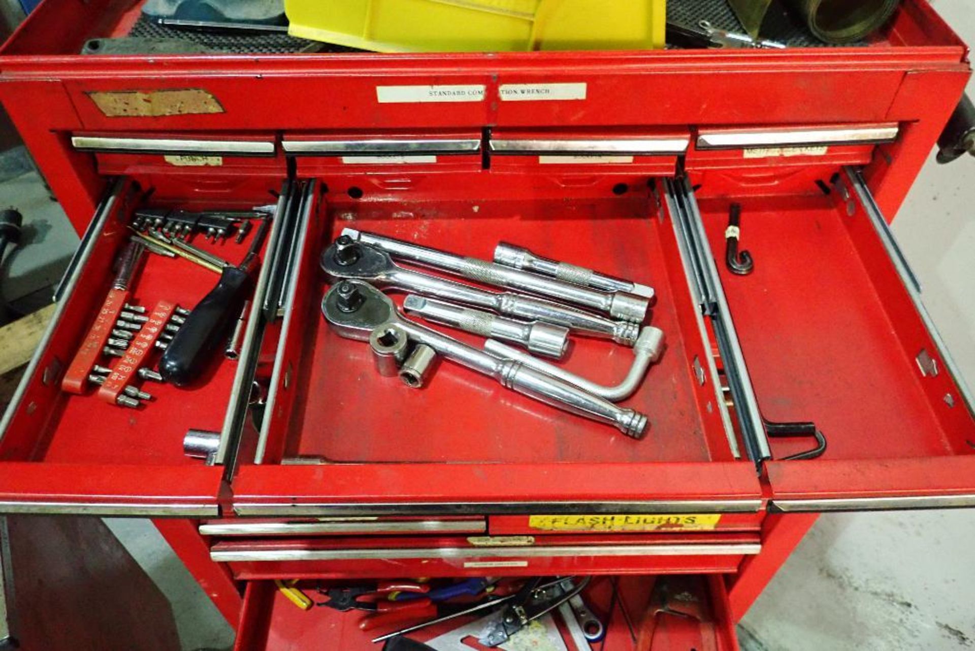 (2) tool chests with contents, wrenches, sockets, drill bits screw drivers, air tools, hammers, plie - Image 4 of 31