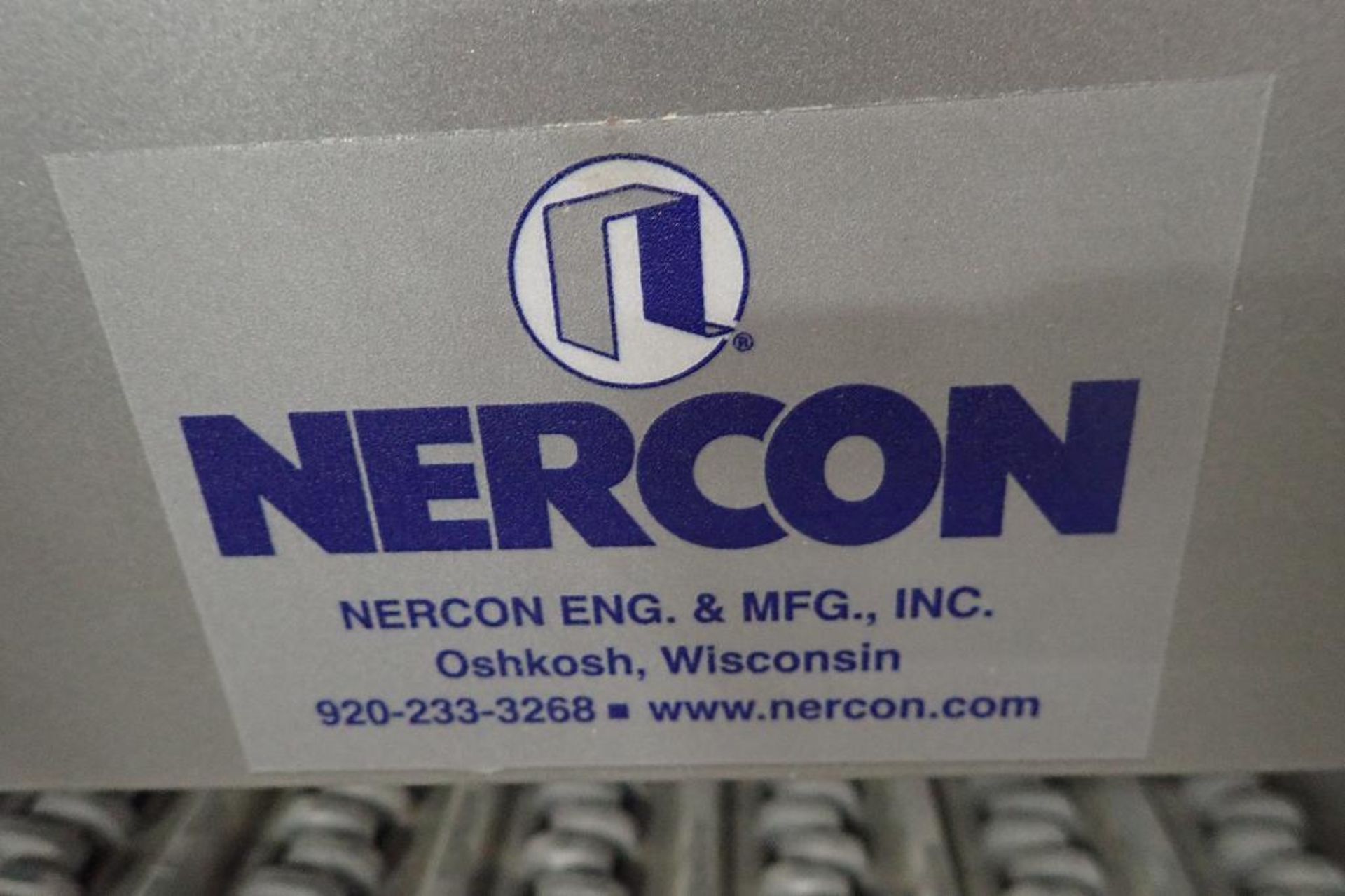 Nercon conveyor, 100 in. long x 18 in. wide x 36 in. tall, mild steel frame, motor and drive. **Rigg - Image 5 of 8