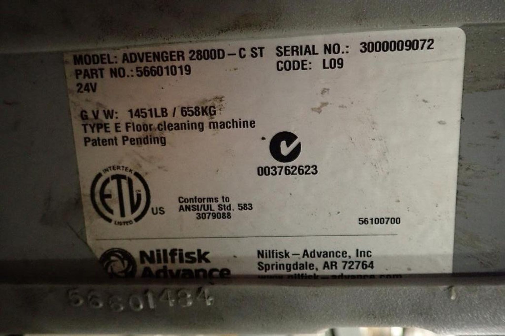 Nilfisk-Advance 24 volt floor scrubber, Model ADVENGER 2800 D-C ST, SN 3000009072. **Rigging Fee: $2 - Image 7 of 7