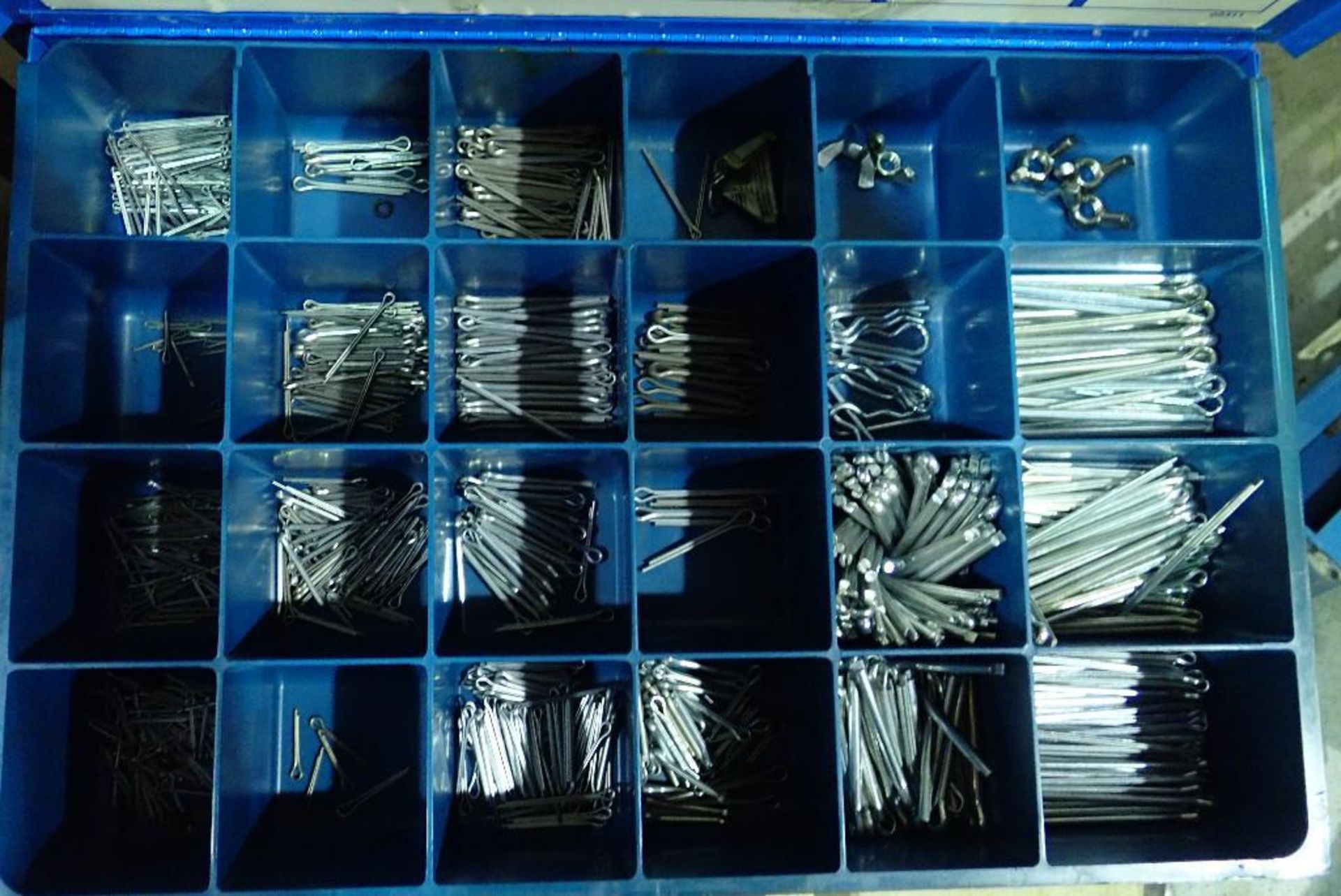 Assorted bolt bins and contents, pneumatic fittings, screws, bolts, nuts, roll pins, snap rings, o-r - Image 17 of 31