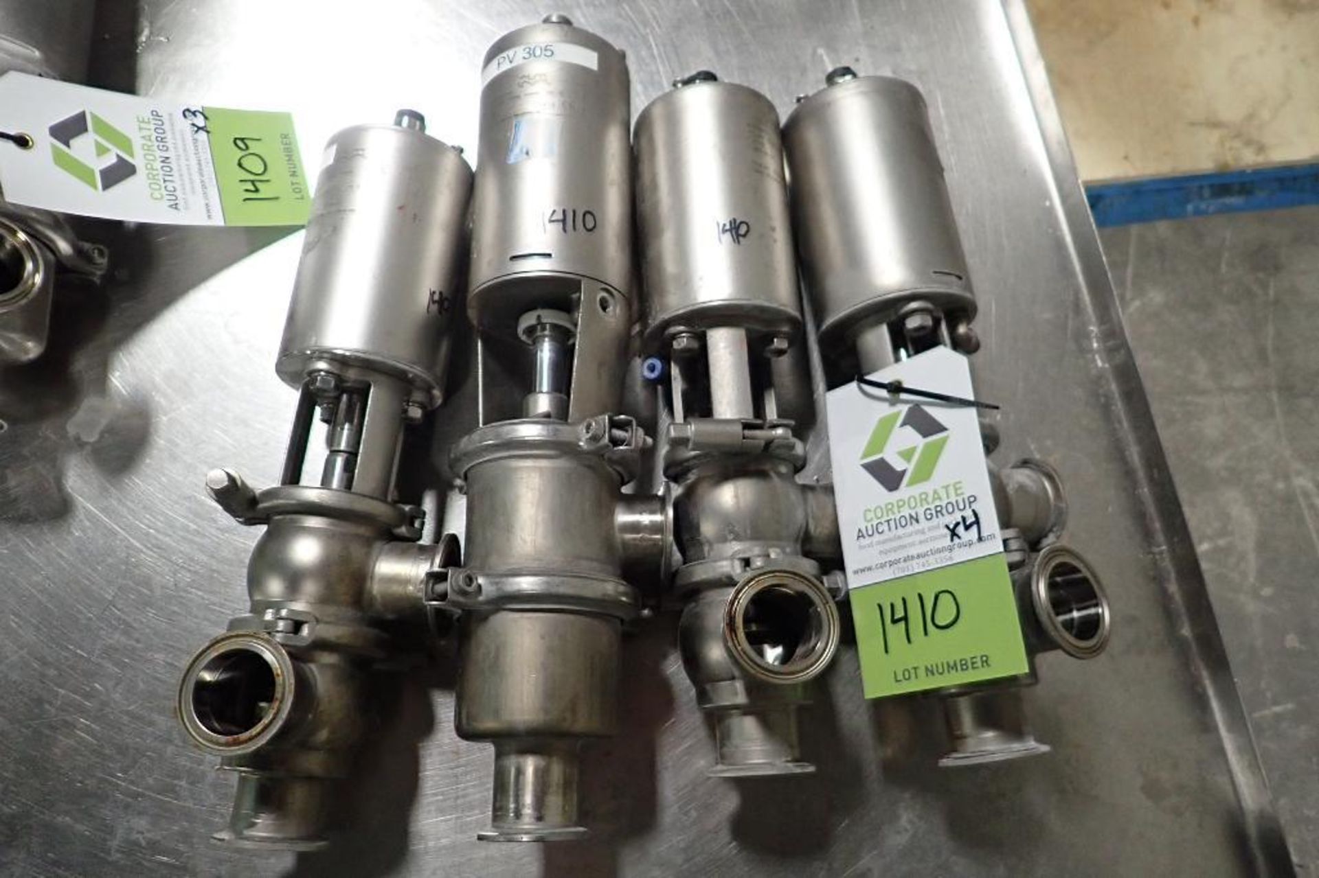 (4) Alfa Laval pneumatic valves, Type: SSV PN10, two-way, 1 1/2 in. outlets. **Rigging Fee: $25** (L