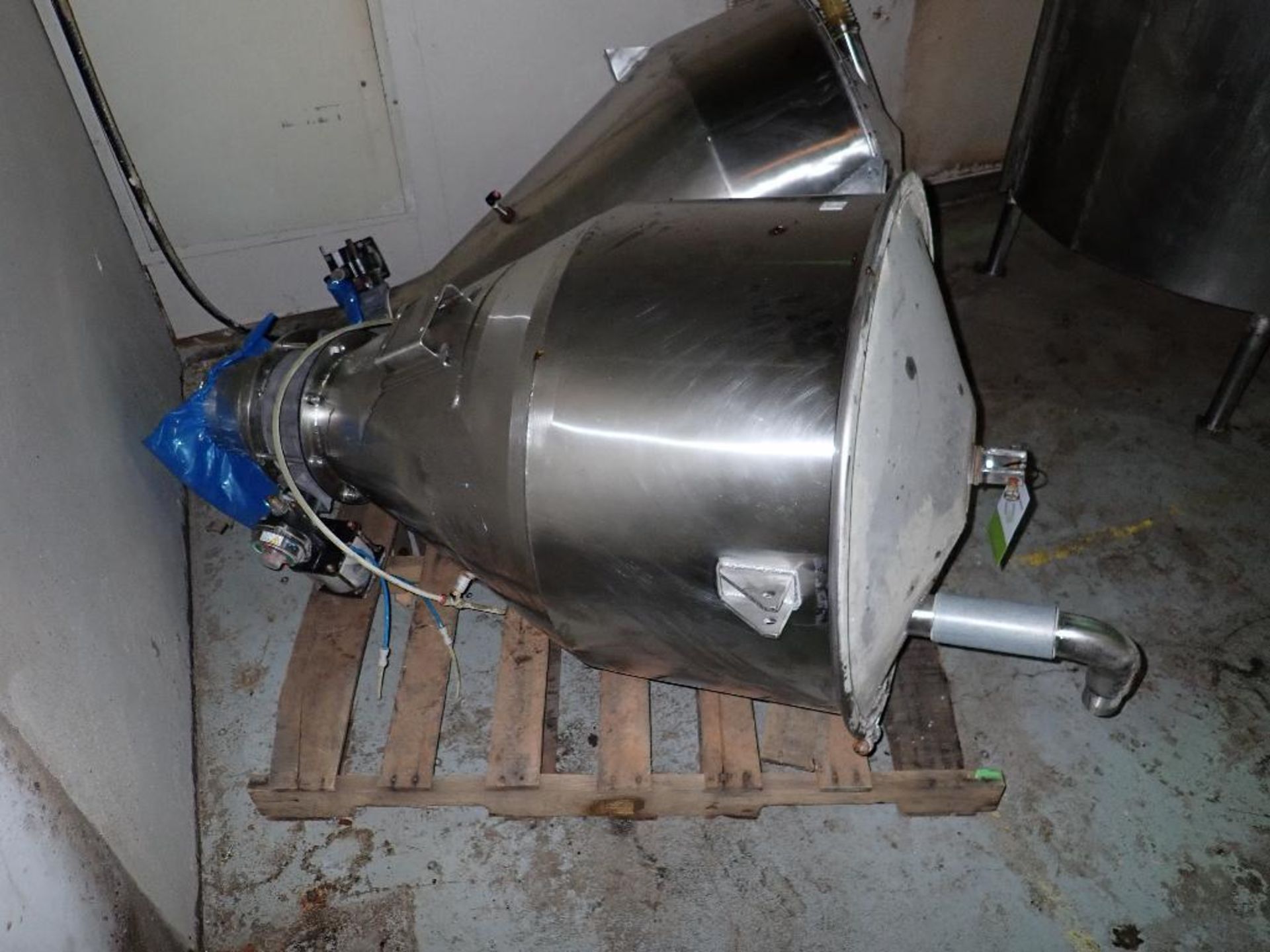 (2) SS flour hoppers with pneumatic valves. 34 in. dia. X 16 in. straight side x 24 in. cone. 34 in. - Image 2 of 7