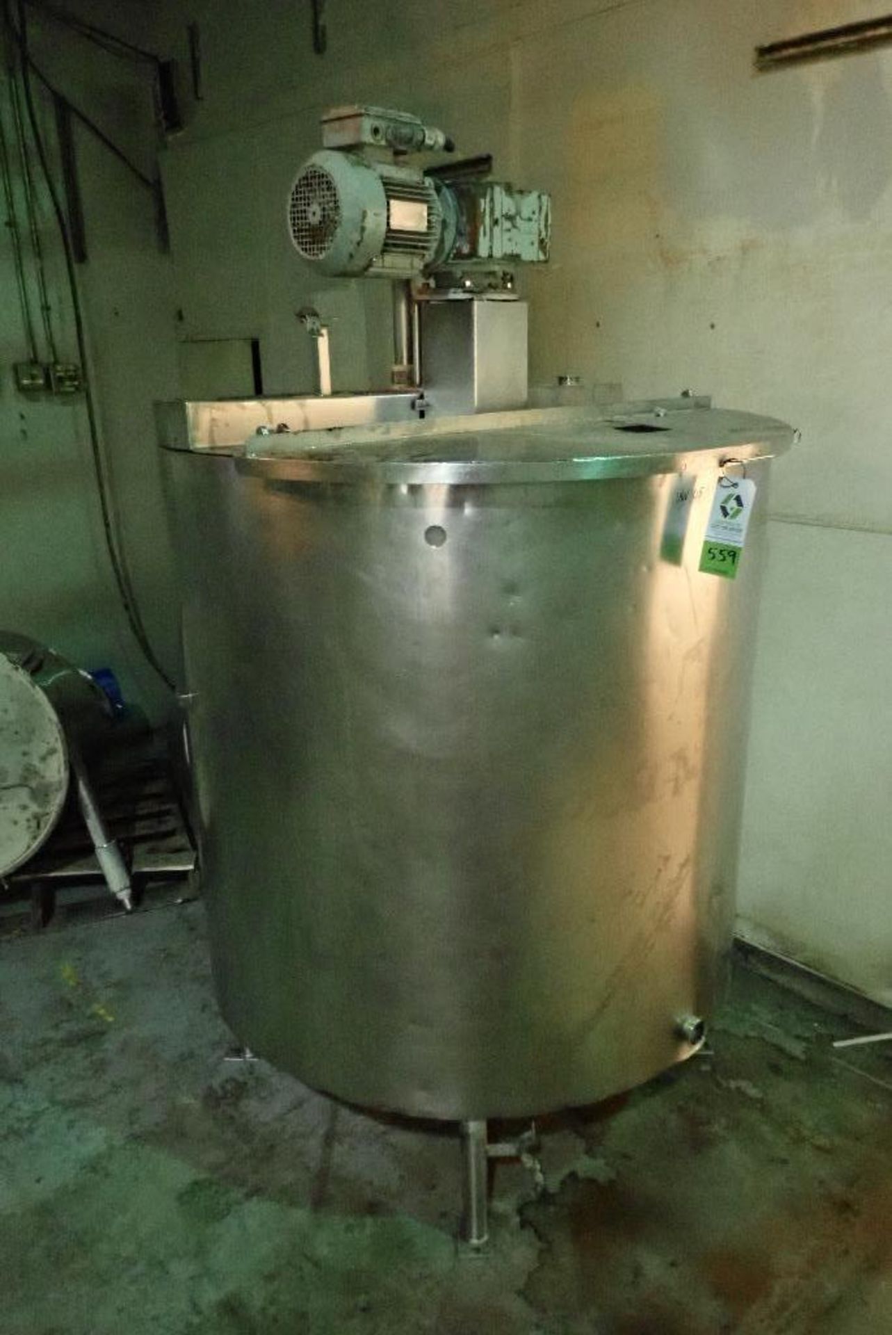 SS jacketed mix tank, 49 in. dia. X 18 in. straight side x 28 in. cone, top agitation, cone sweep,.