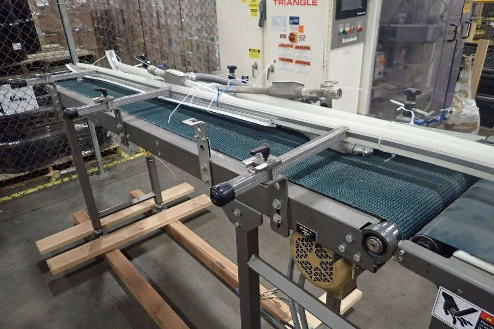 Belt conveyor, 116 in. long x 18 in. wide x 45 in. tall, mild steel frame, (2) motors and drives. ** - Image 6 of 9