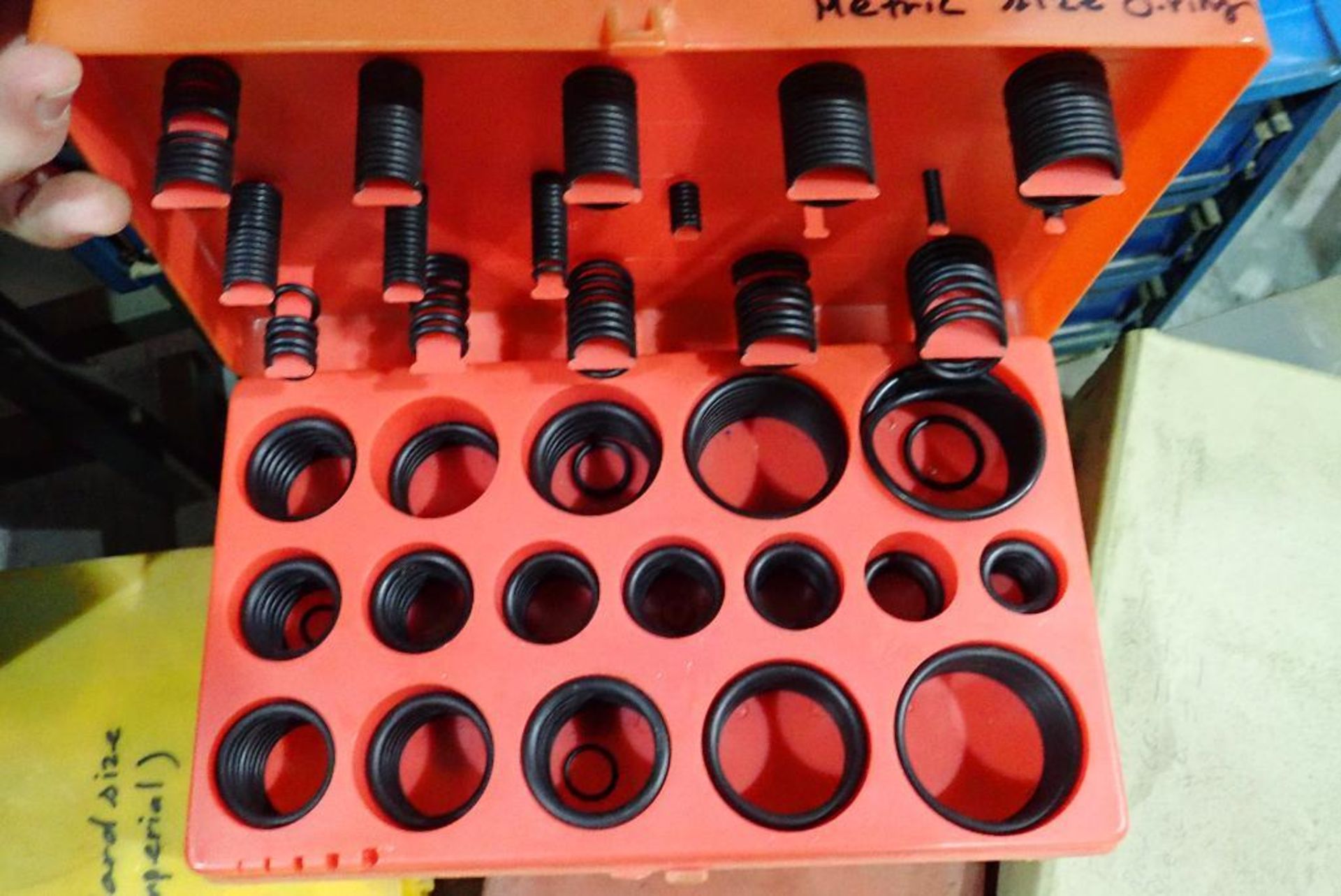 Assorted bolt bins and contents, pneumatic fittings, screws, bolts, nuts, roll pins, snap rings, o-r - Image 15 of 31