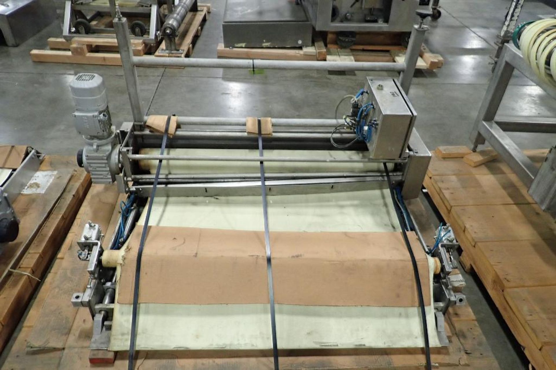 Transfer conveyor, 56 in. long x 51 in. wide, SS frame, motor and drive. **Rigging Fee: $25** (Locat - Image 6 of 9