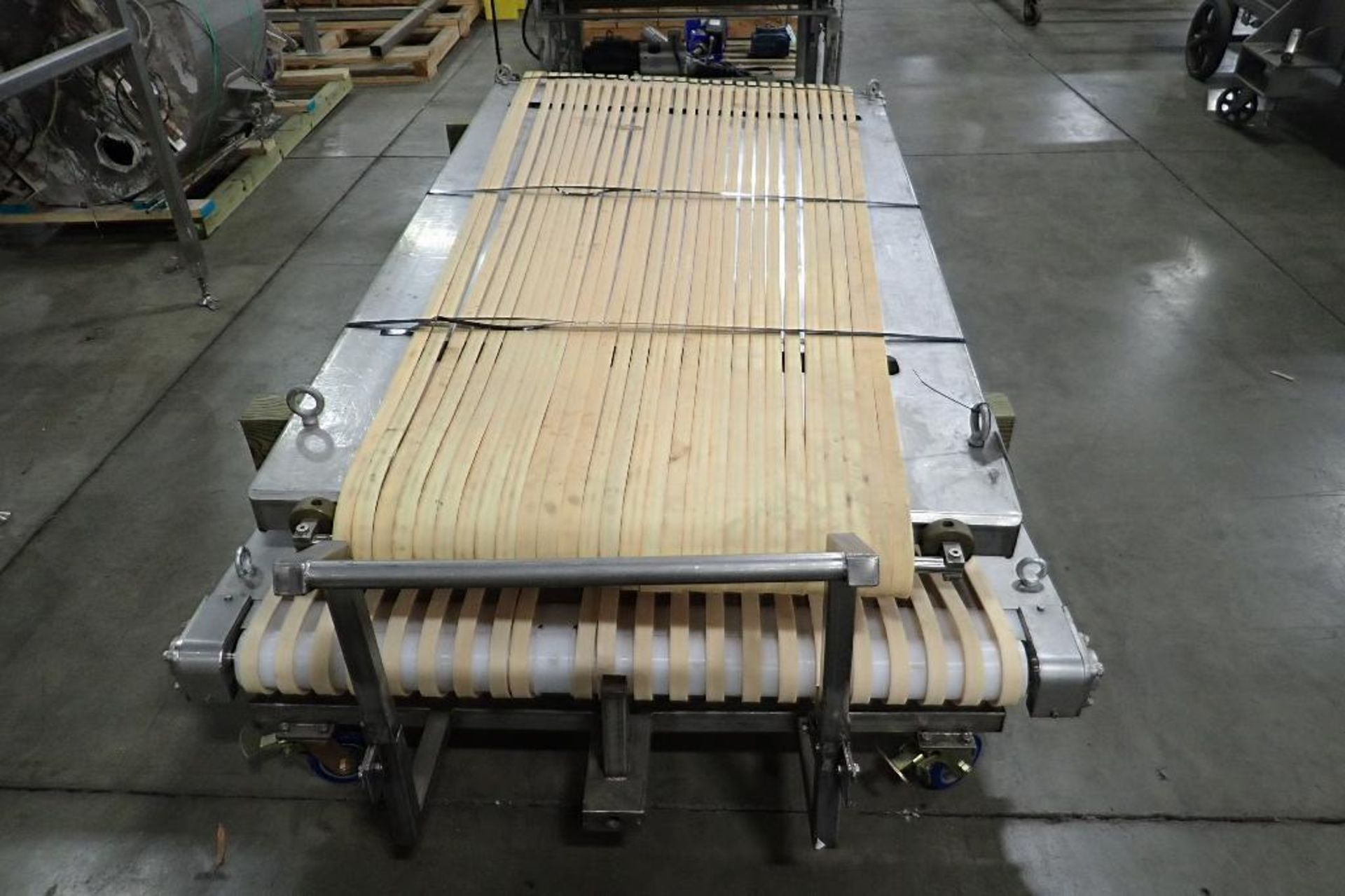 (2) spreader belt conveyor tops, 22 row and 28 row, 1 1/4 in. wide belts, SS frames. **Rigging Fee: - Image 3 of 4