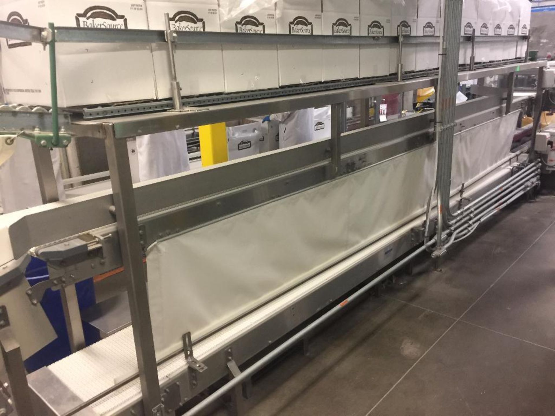 SS pack of conveyor, 18 ft. x 16 in. overall, 3 levels, top is gravity empty box conveyor, middle is