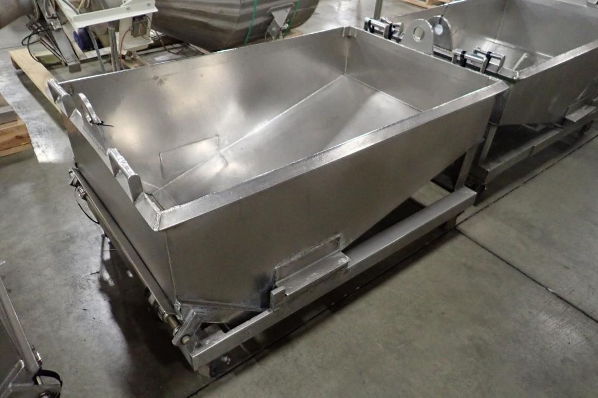 SS dough trough, 60 in. long x 36 in. wide x 25 in. deep, slant bottom, slide gate discharge, SS fra