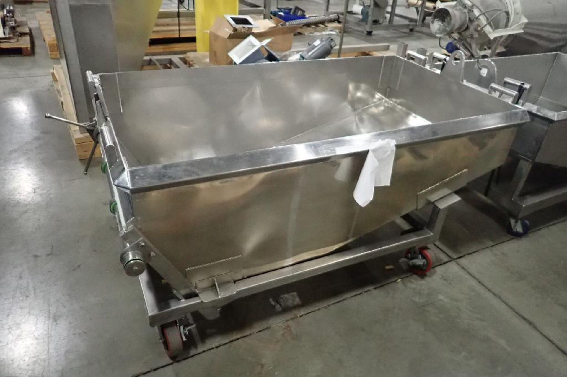 SS dough trough, 72 in. long x 40 in. wide x 30 in. deep, slant bottom, slide gate discharge, SS fra