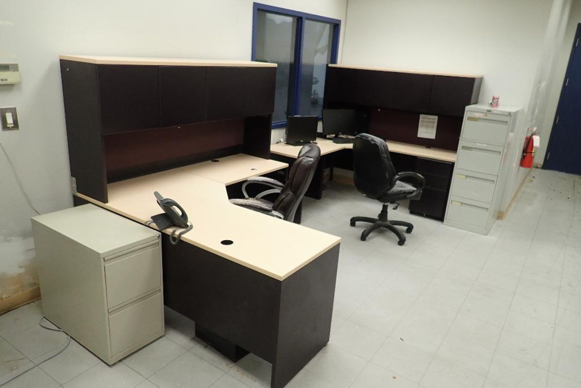 Contents of production office, desks, chairs, filing cabinets, mini fridge, NO IT EQUIPMENT. **Riggi - Image 2 of 5