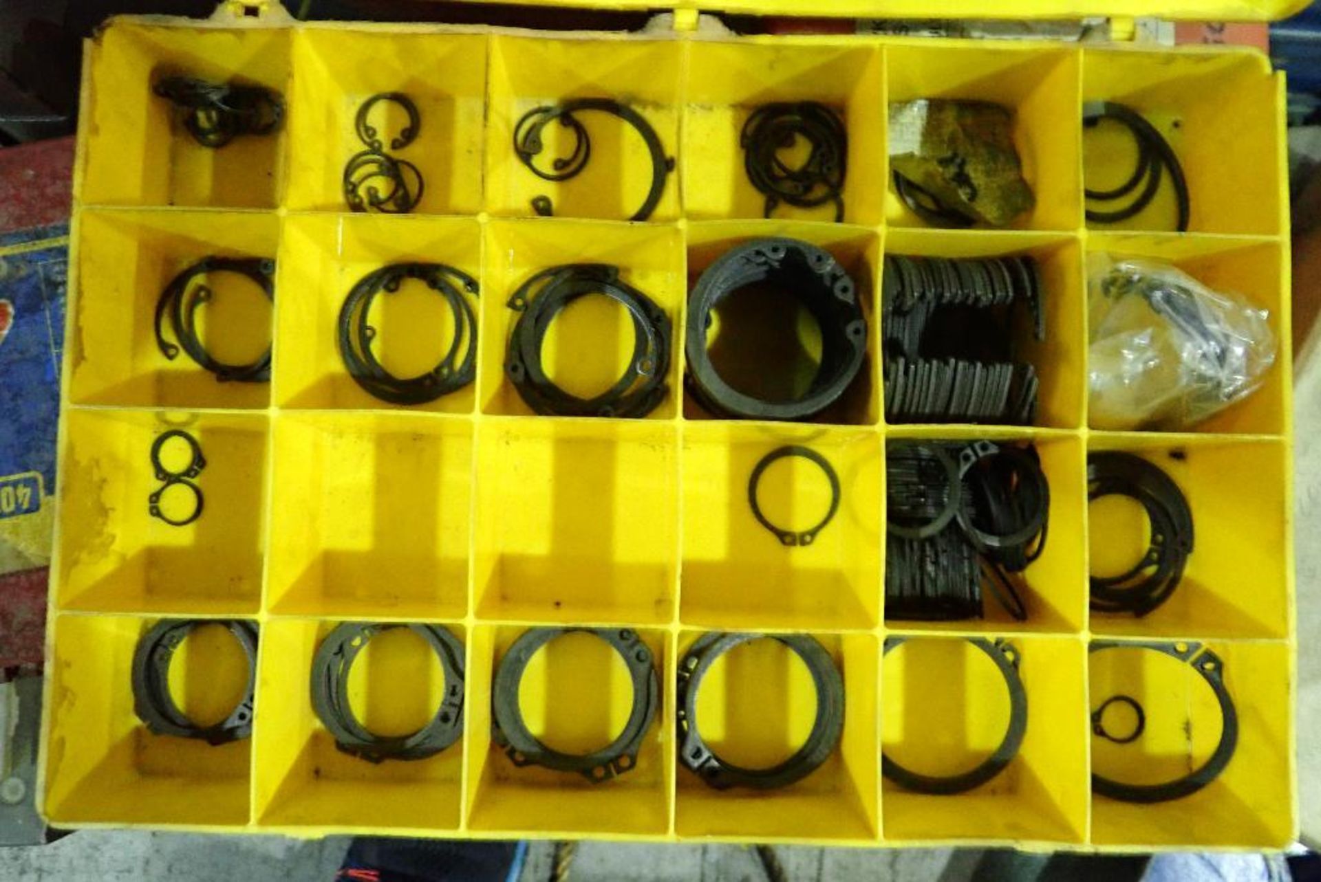 Assorted bolt bins and contents, pneumatic fittings, screws, bolts, nuts, roll pins, snap rings, o-r - Image 11 of 31