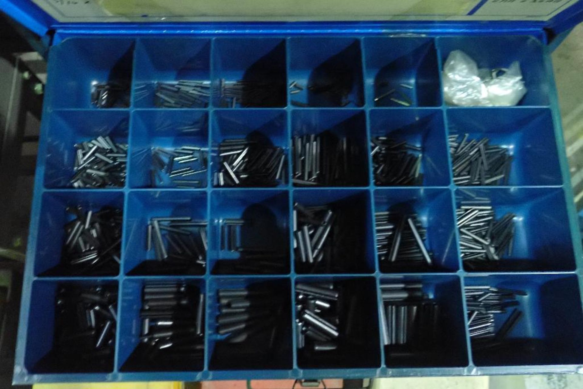 Assorted bolt bins and contents, pneumatic fittings, screws, bolts, nuts, roll pins, snap rings, o-r - Image 16 of 31